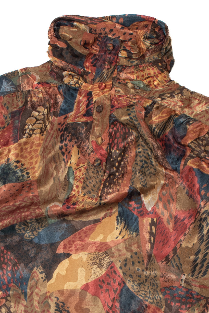 Vintage Copper Feather Print Scrunch Mock Neck Jean de Pierre Button Up Shirt