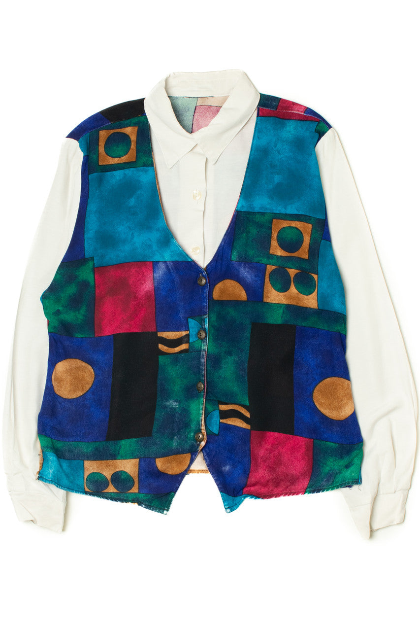 Vintage Jewel Tone Print Built In Vest Button Up Shirt