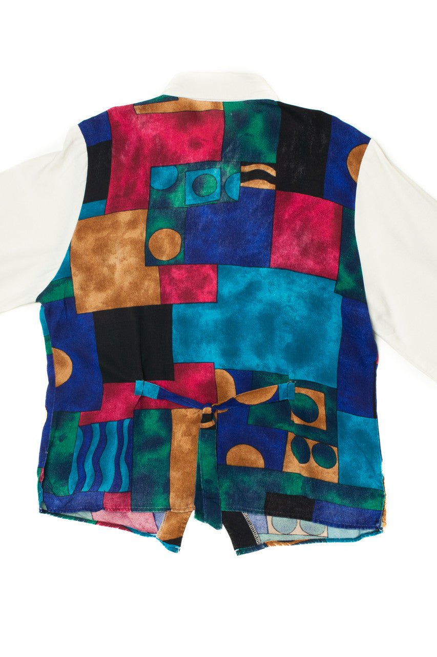 Vintage Jewel Tone Print Built In Vest Button Up Shirt