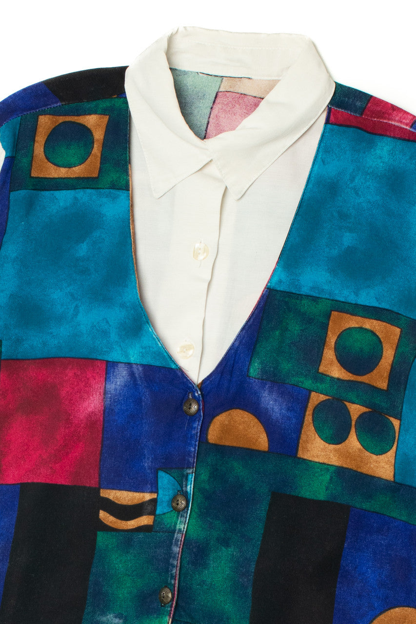 Vintage Jewel Tone Print Built In Vest Button Up Shirt