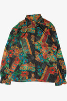 Vintage Elegant Floral Mock Neck Notations Button Up Shirt
