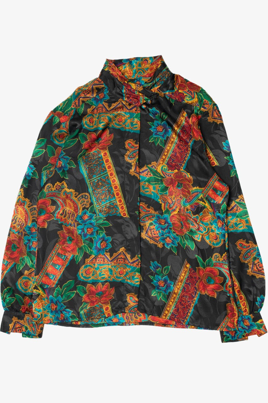 Vintage Elegant Floral Mock Neck Notations Button Up Shirt