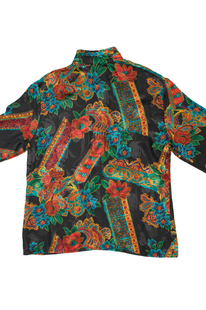 Vintage Elegant Floral Mock Neck Notations Button Up Shirt