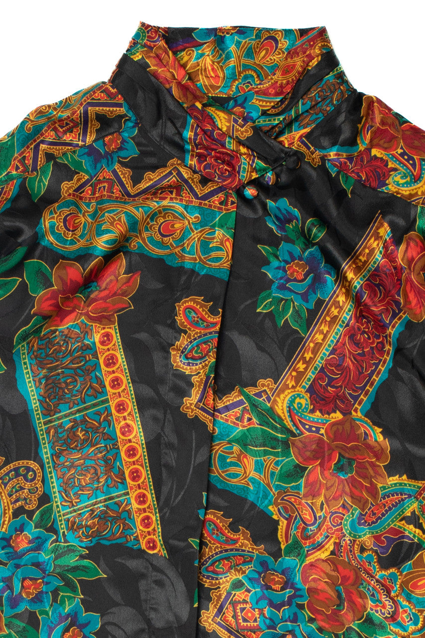 Vintage Elegant Floral Mock Neck Notations Button Up Shirt