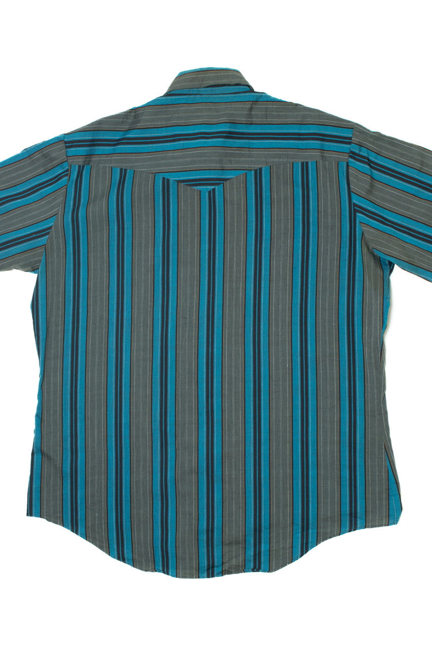 Vintage Blue Gray Striped Pearlescent Snap Ely Cattleman Button Up Shirt