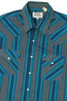 Vintage Blue Gray Striped Pearlescent Snap Ely Cattleman Button Up Shirt