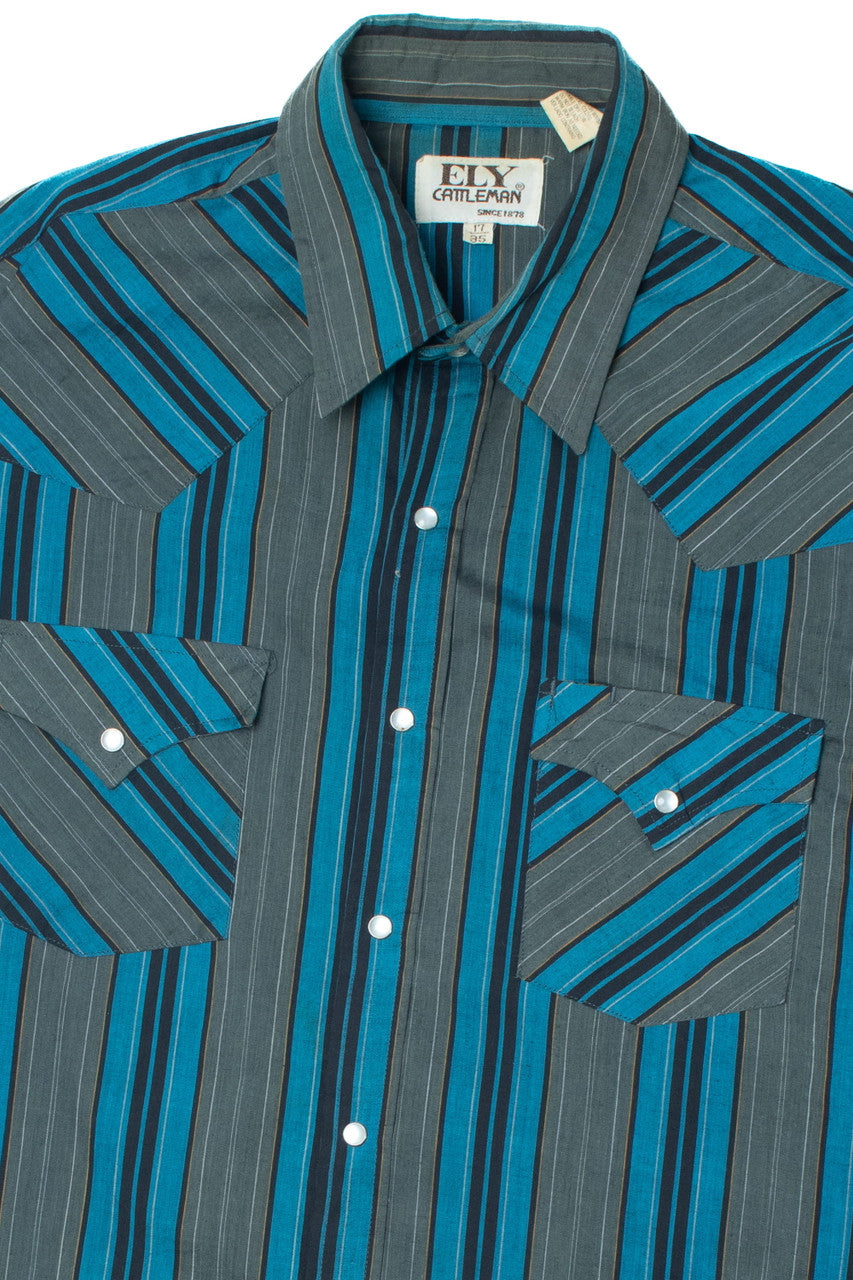 Vintage Blue Gray Striped Pearlescent Snap Ely Cattleman Button Up Shirt
