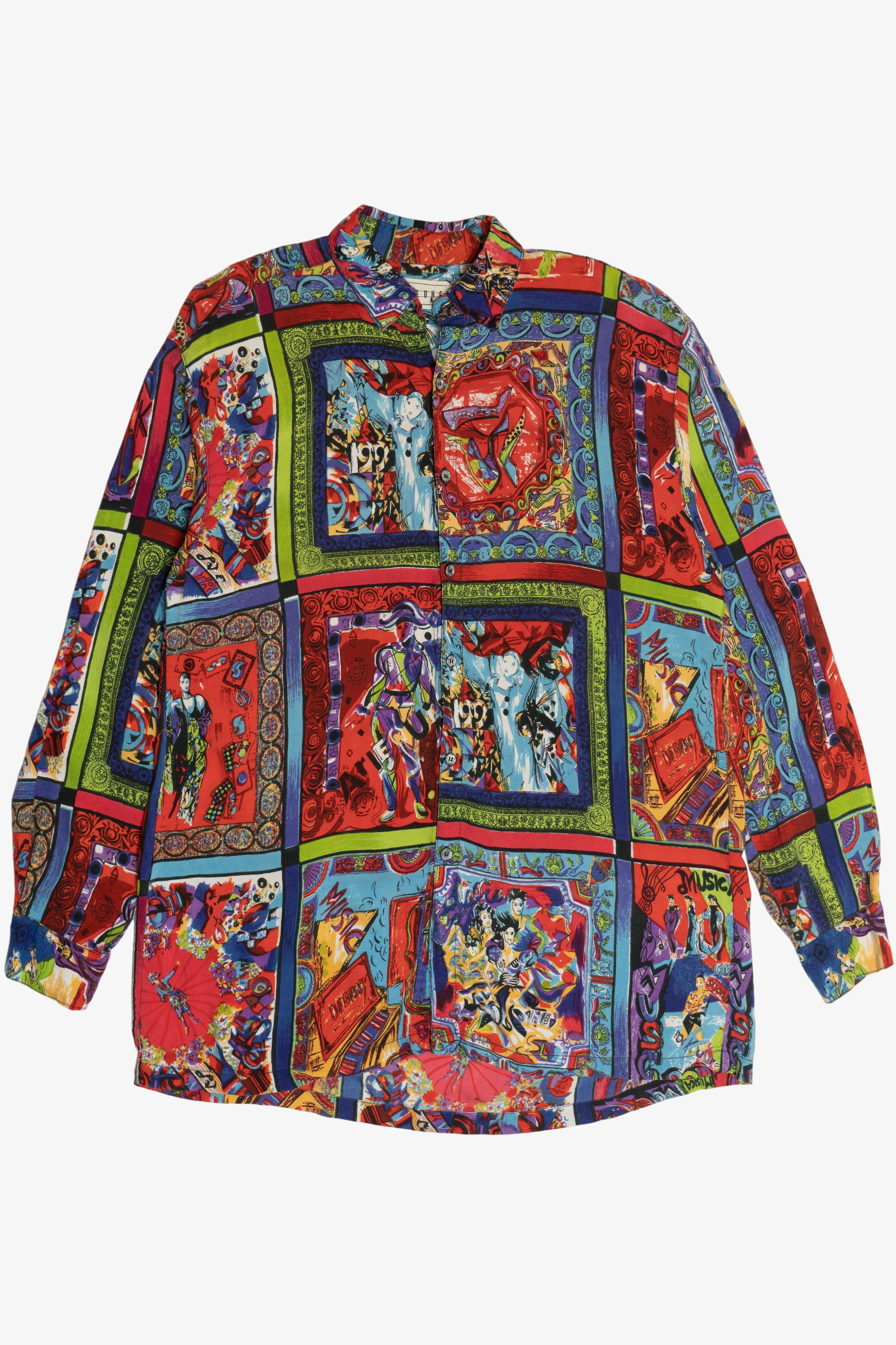 Vintage "Music" "Art" Pop Art All Over Print Button Up Top (1990s)