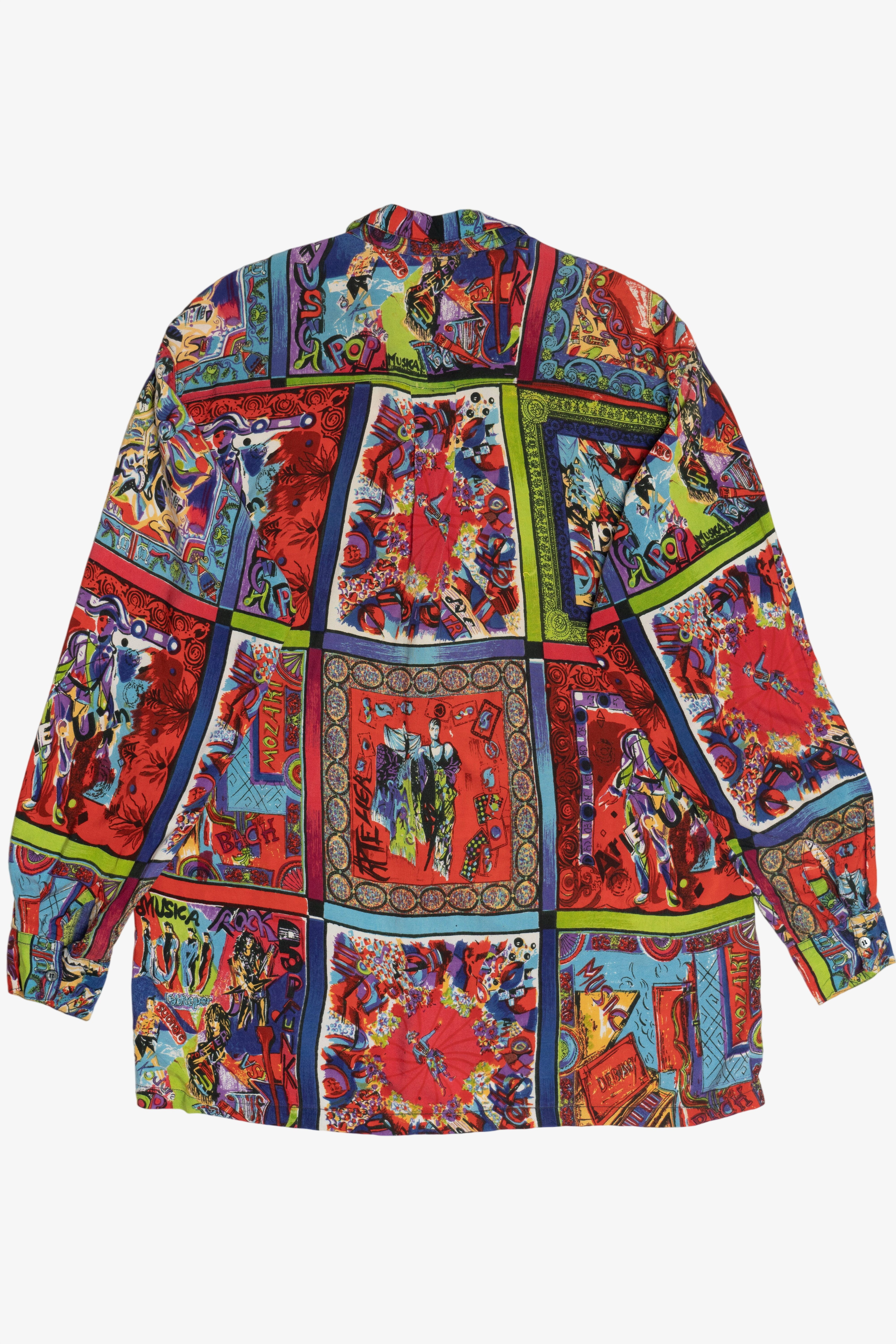 Vintage "Music" "Art" Pop Art All Over Print Button Up Top (1990s)