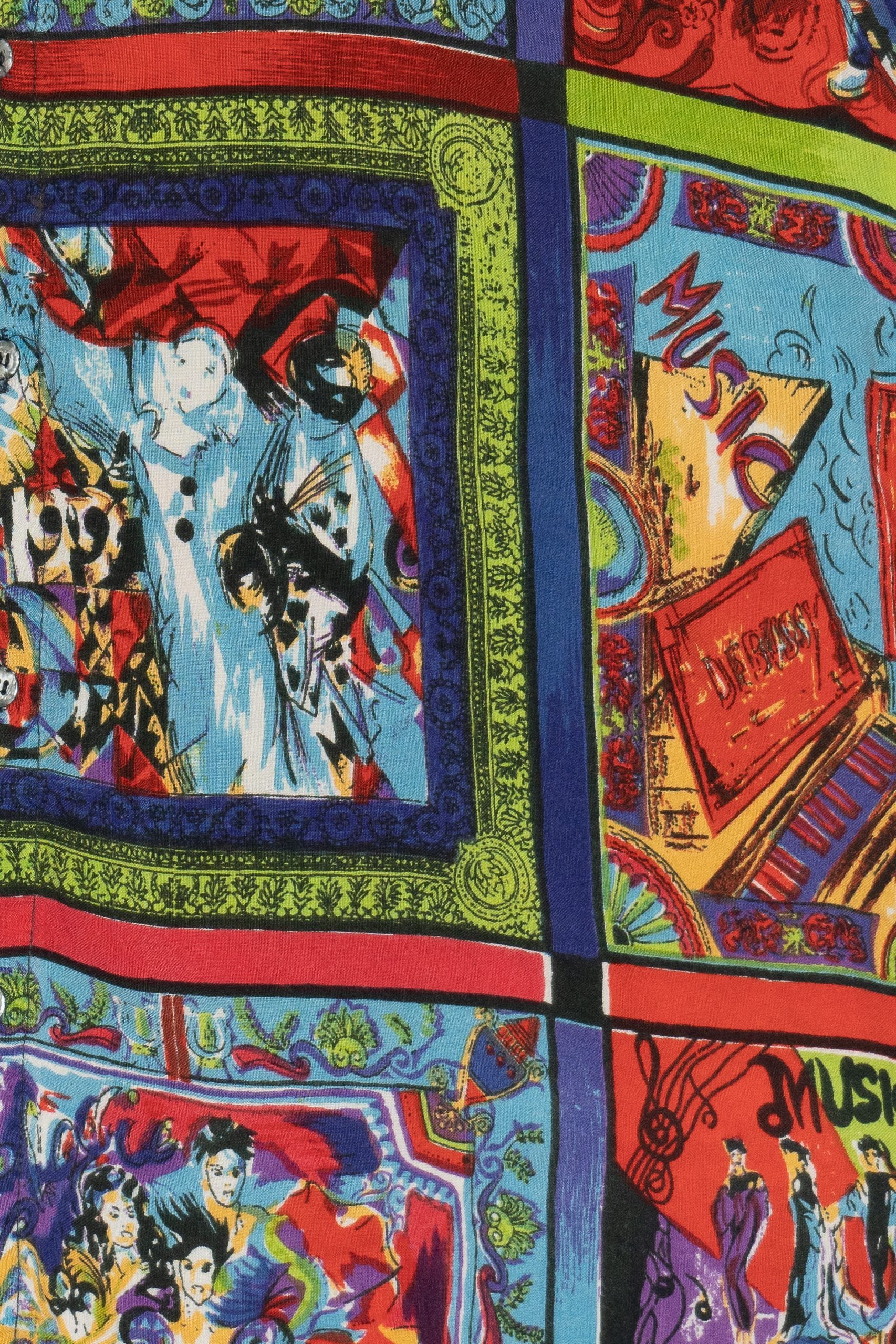 Vintage "Music" "Art" Pop Art All Over Print Button Up Top (1990s)