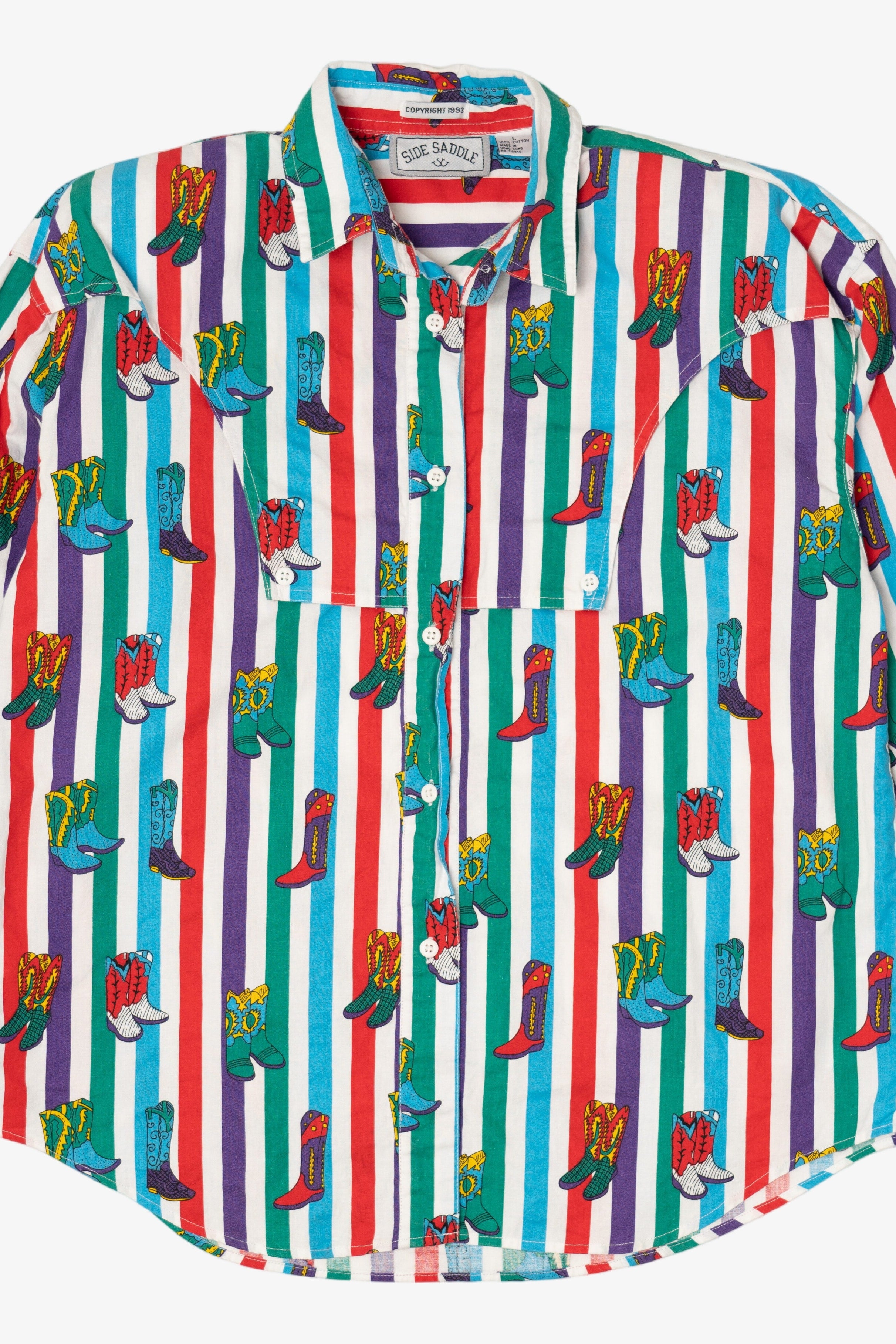 Vintage Side Saddle Cowboy Boots Button Up Striped Shirt (1990s)