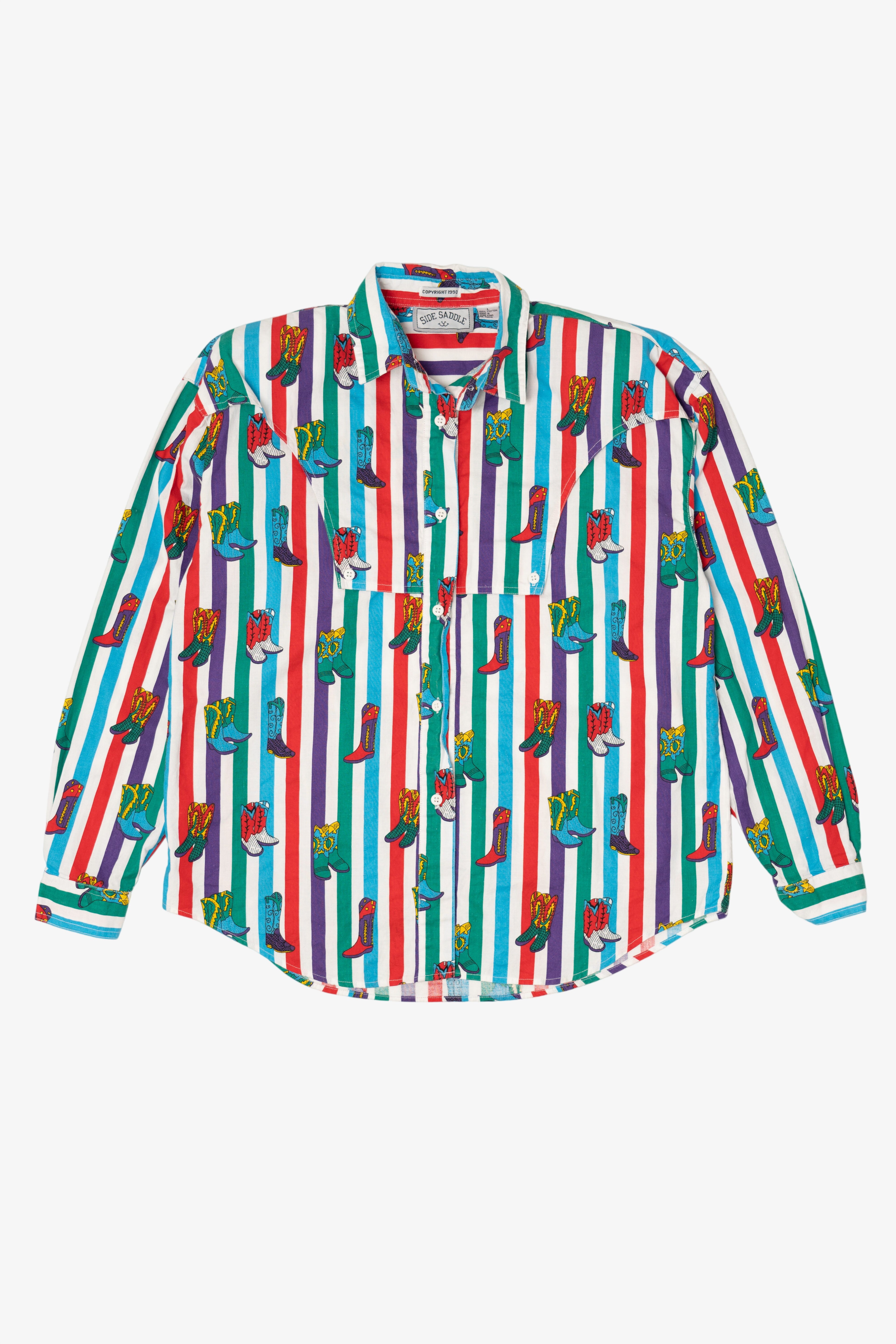Vintage Side Saddle Cowboy Boots Button Up Striped Shirt (1990s)