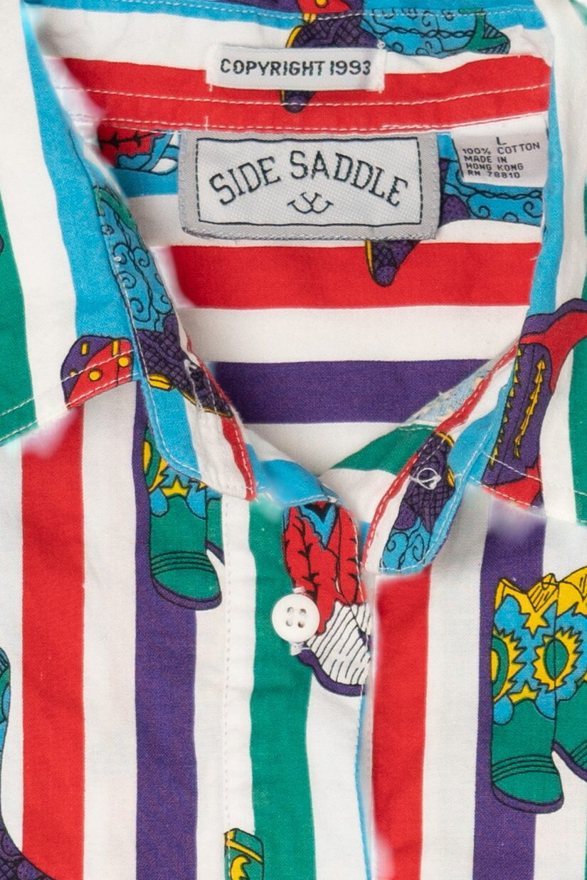 Vintage Side Saddle Cowboy Boots Button Up Striped Shirt (1990s)