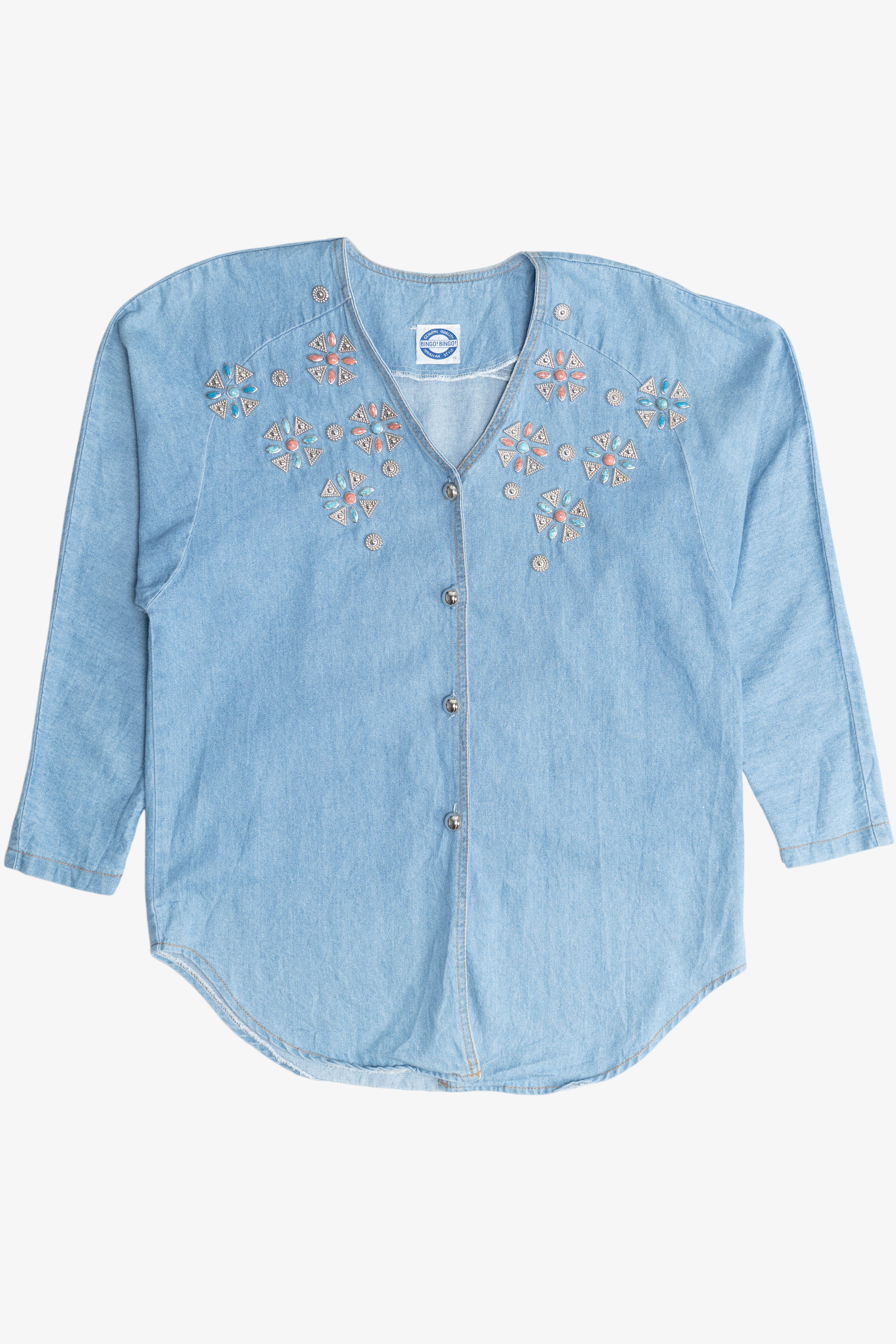 Vintage Southwestern Faux Gemstone Bejeweled Denim Button Up (1990s)