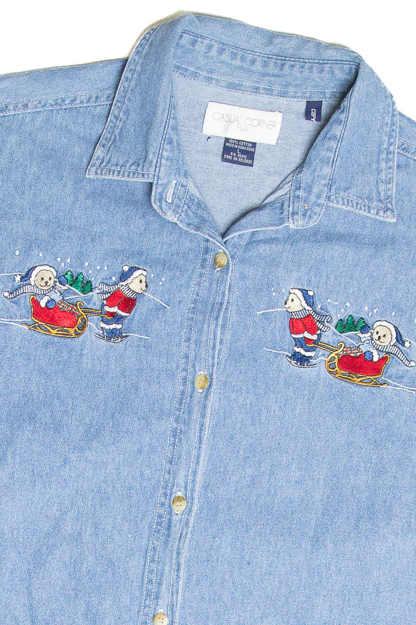 Vintage Bears Sledding Embroidered Button Up Denim Shirt