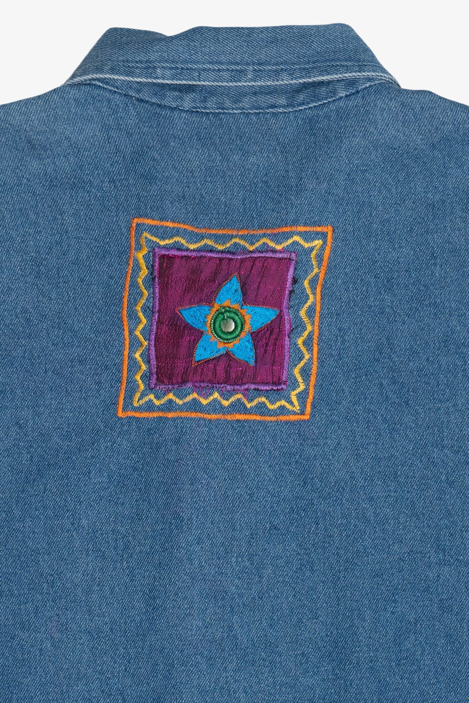 Vintage Life Style Embroidered Patchwork Front Denim Button Up (1990s)