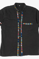 Black And Rainbow Embroidered Trimmed Guayabera Button Up Shirt