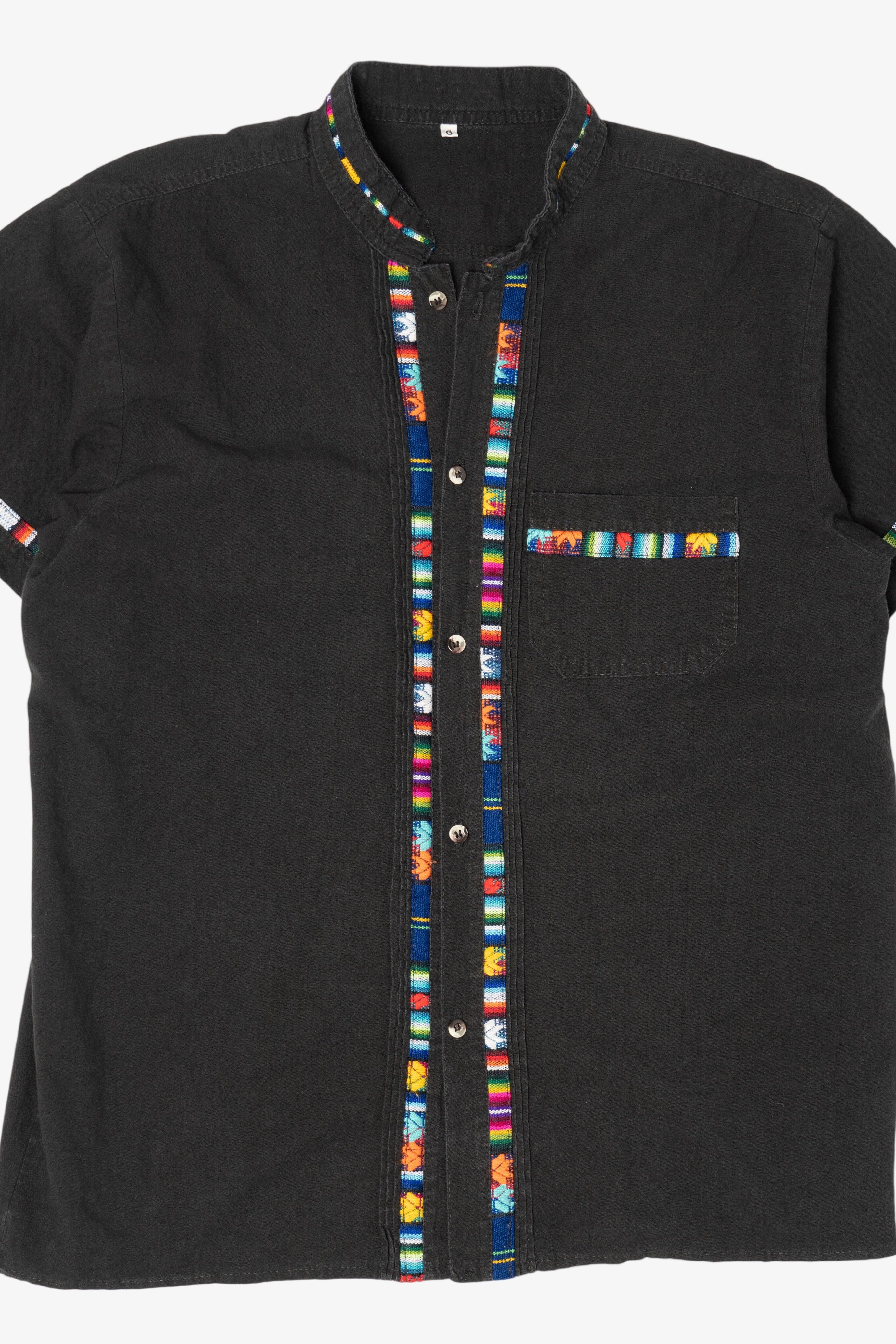 Black And Rainbow Embroidered Trimmed Guayabera Button Up Shirt