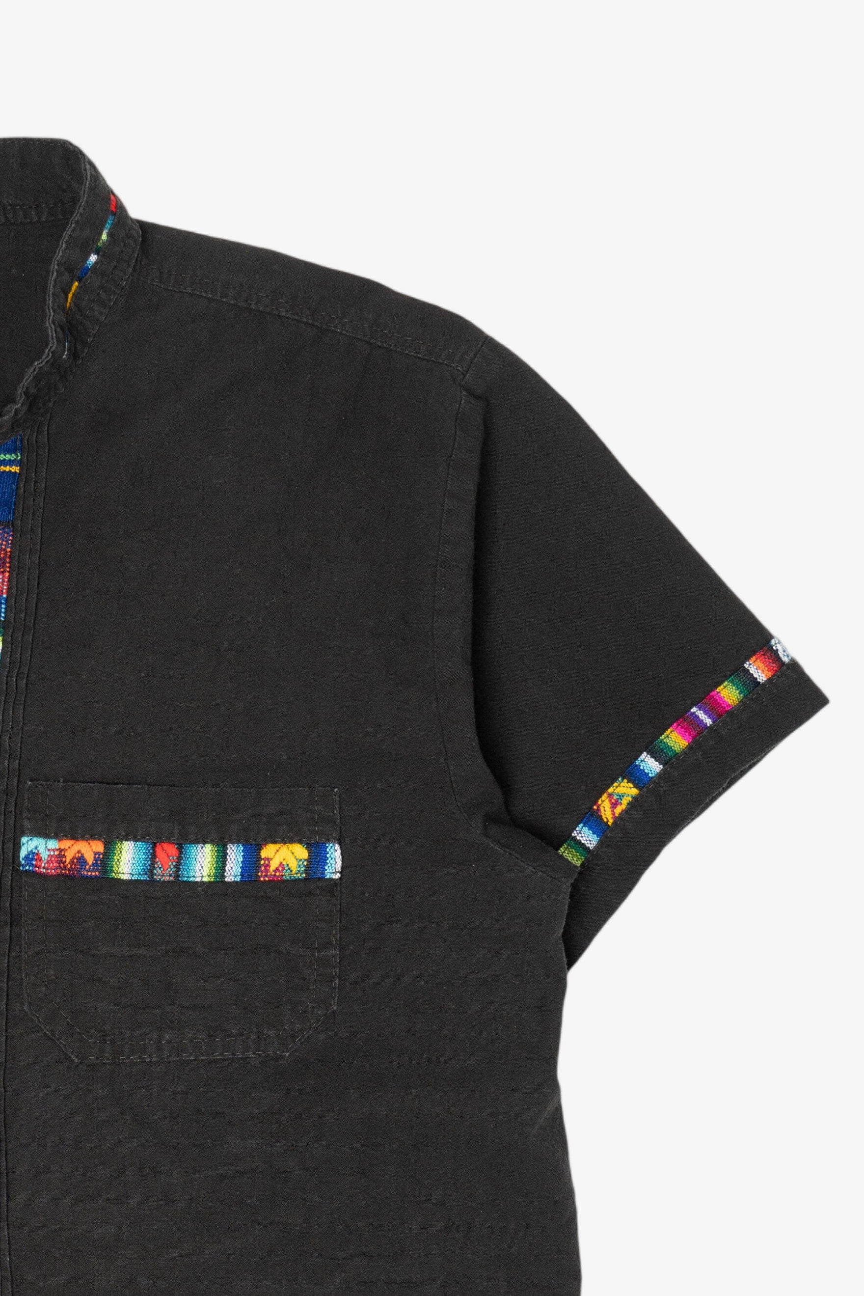 Black And Rainbow Embroidered Trimmed Guayabera Button Up Shirt