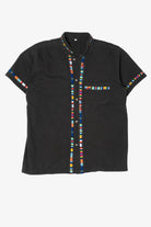 Black And Rainbow Embroidered Trimmed Guayabera Button Up Shirt