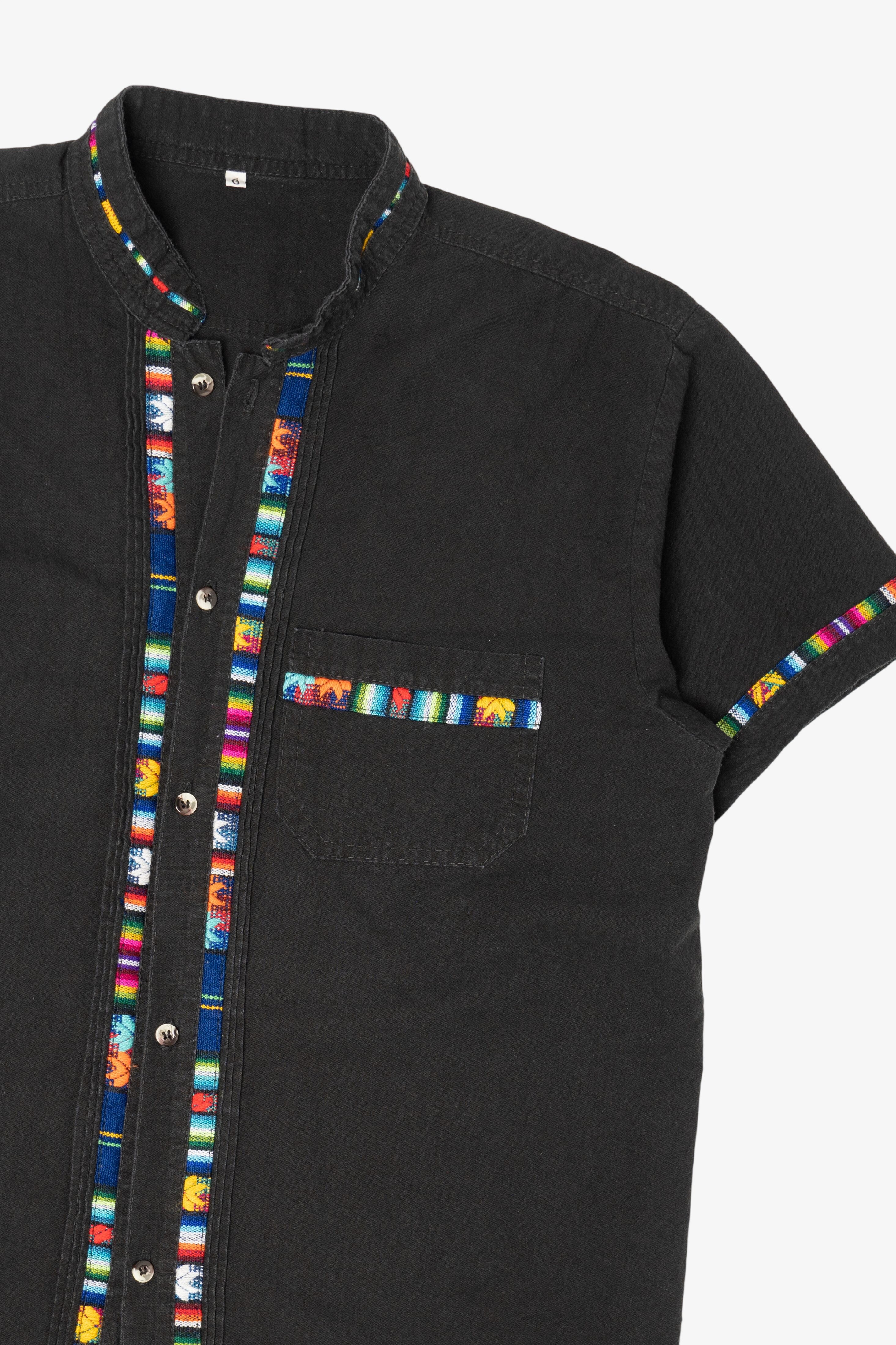 Black And Rainbow Embroidered Trimmed Guayabera Button Up Shirt