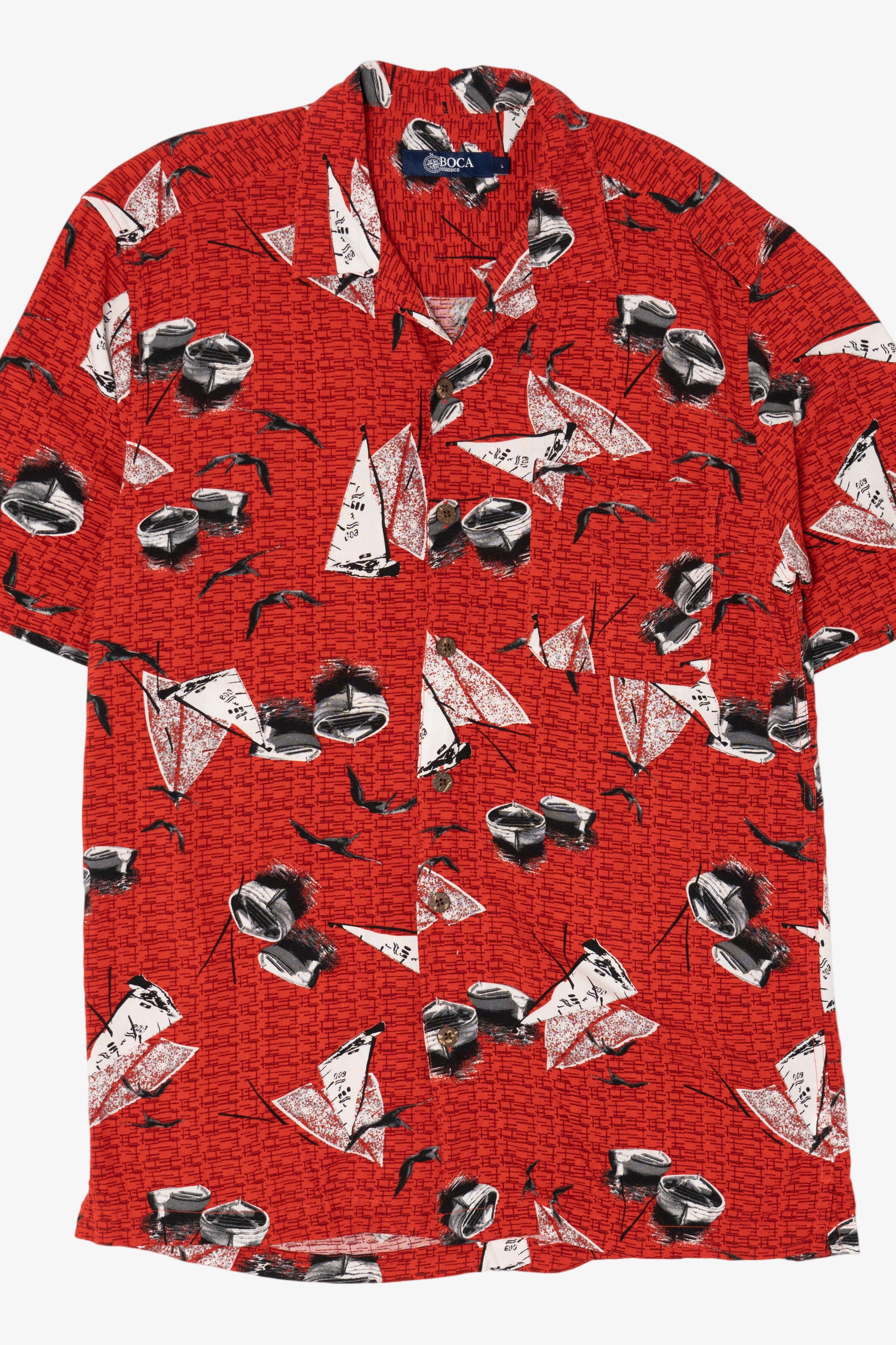 Vintage Red Boca Sailboats And Canoes Pattern Button Up Shirt (1990s)