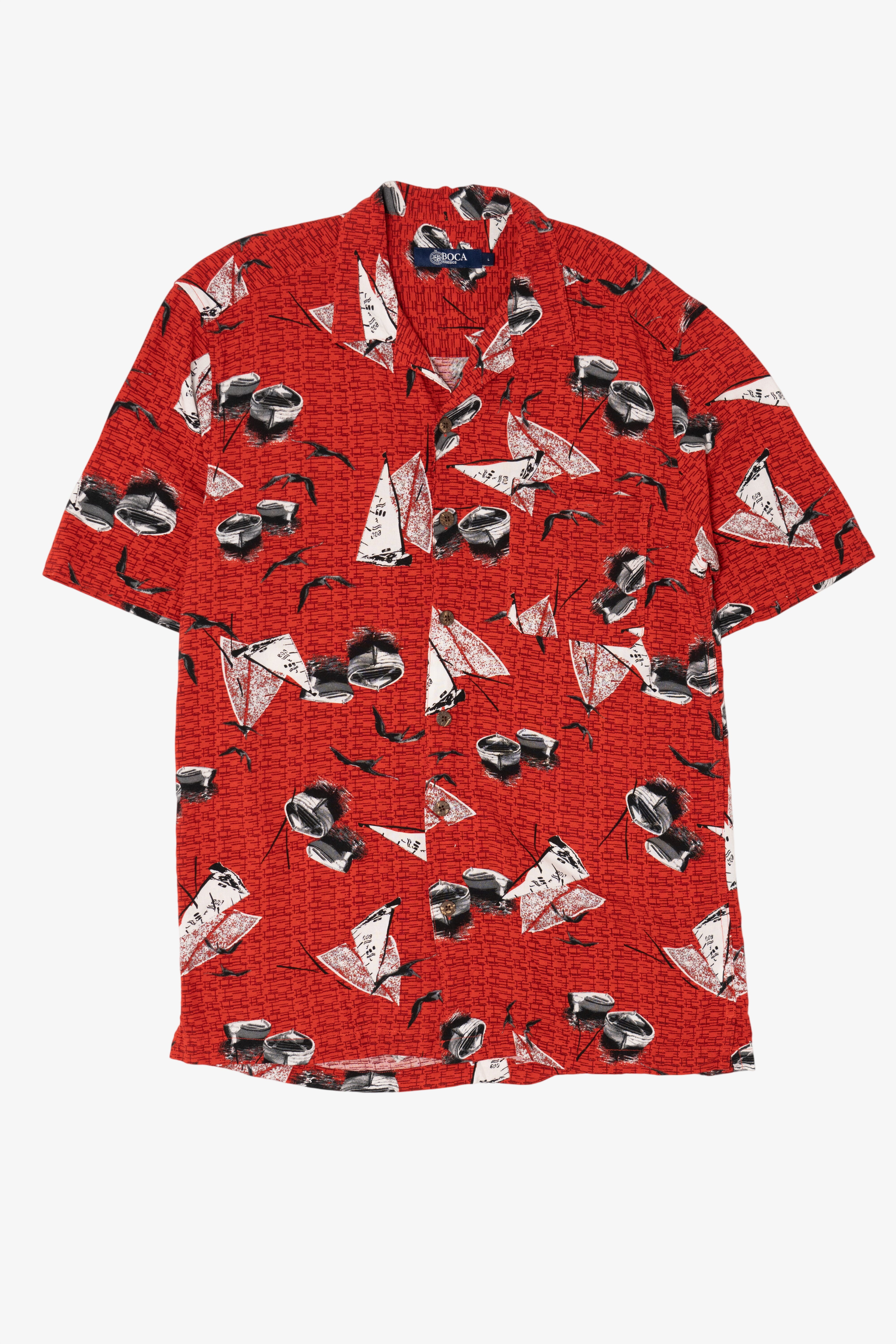 Vintage Red Boca Sailboats And Canoes Pattern Button Up Shirt (1990s)