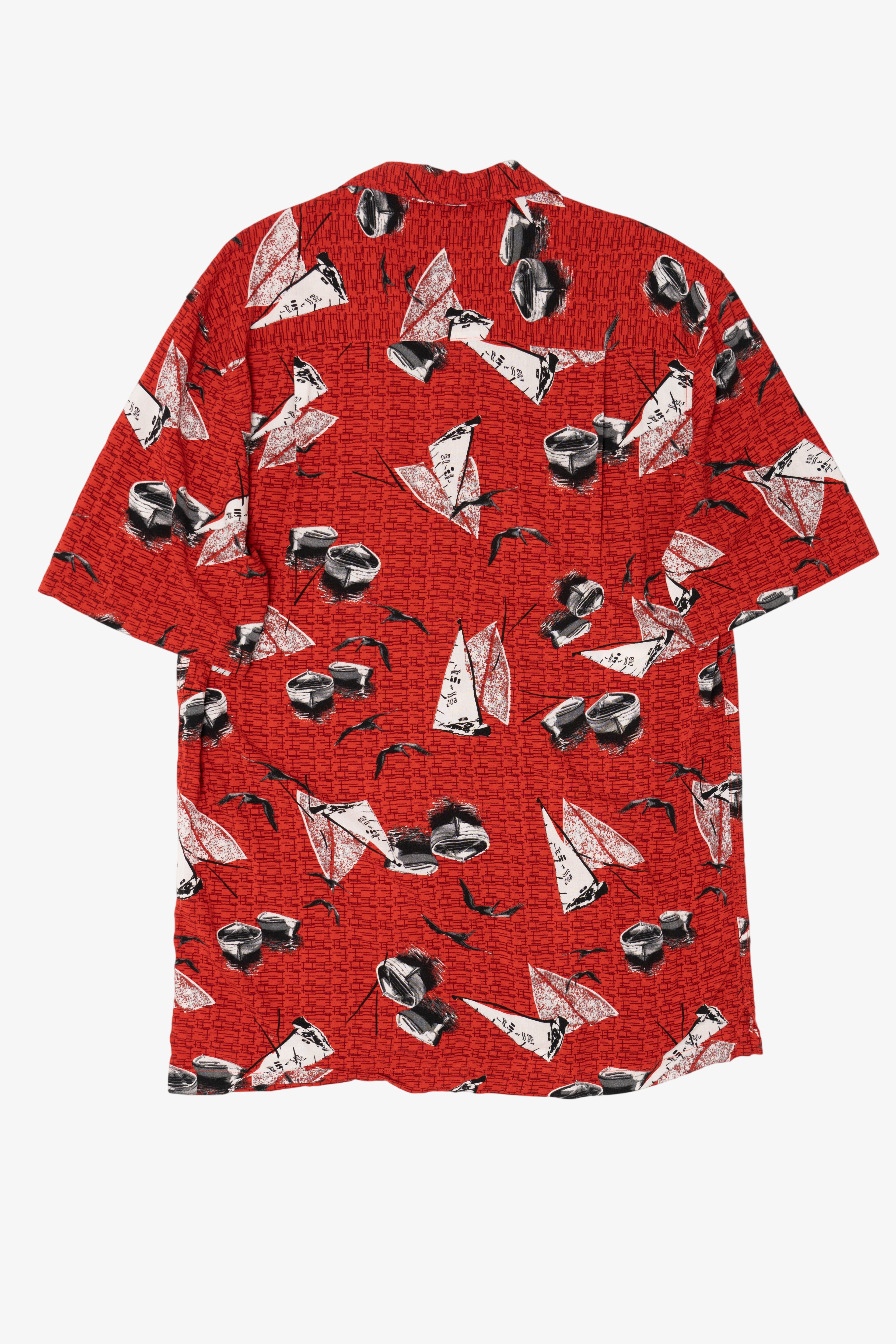 Vintage Red Boca Sailboats And Canoes Pattern Button Up Shirt (1990s)