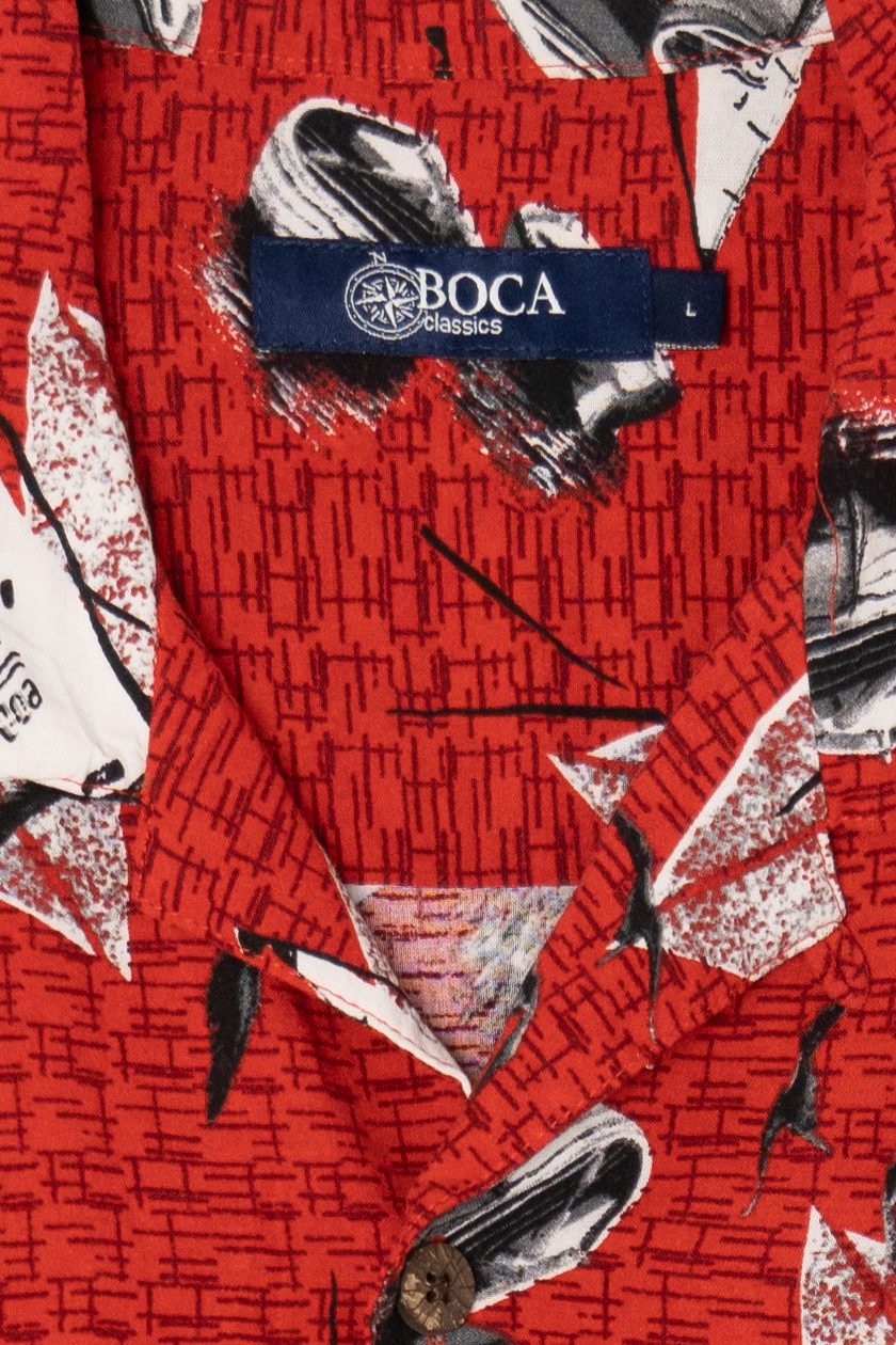 Vintage Red Boca Sailboats And Canoes Pattern Button Up Shirt (1990s)