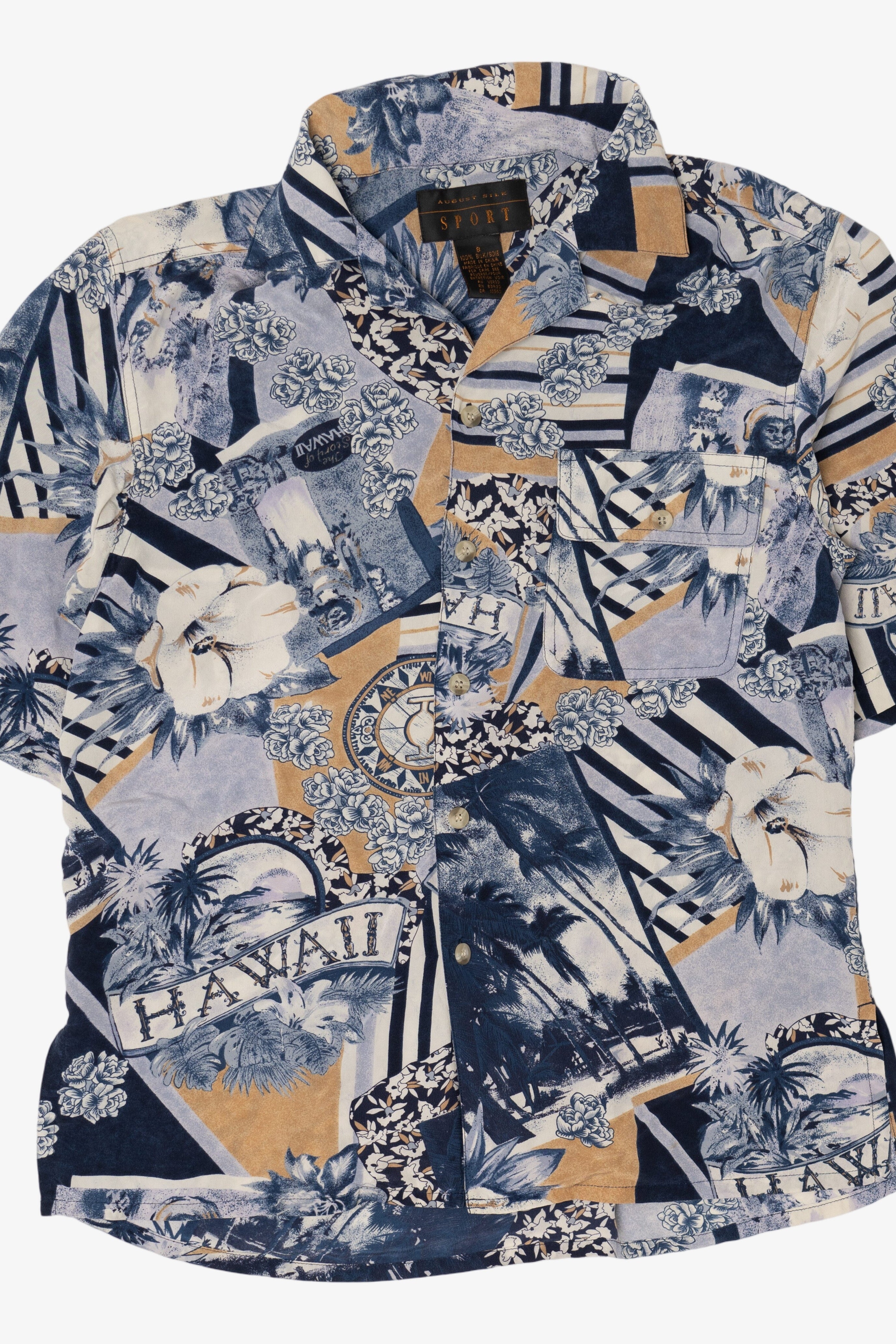 Vintage Navy Blue August Silk Sport Button Up Hawaiian Shirt (1990s)