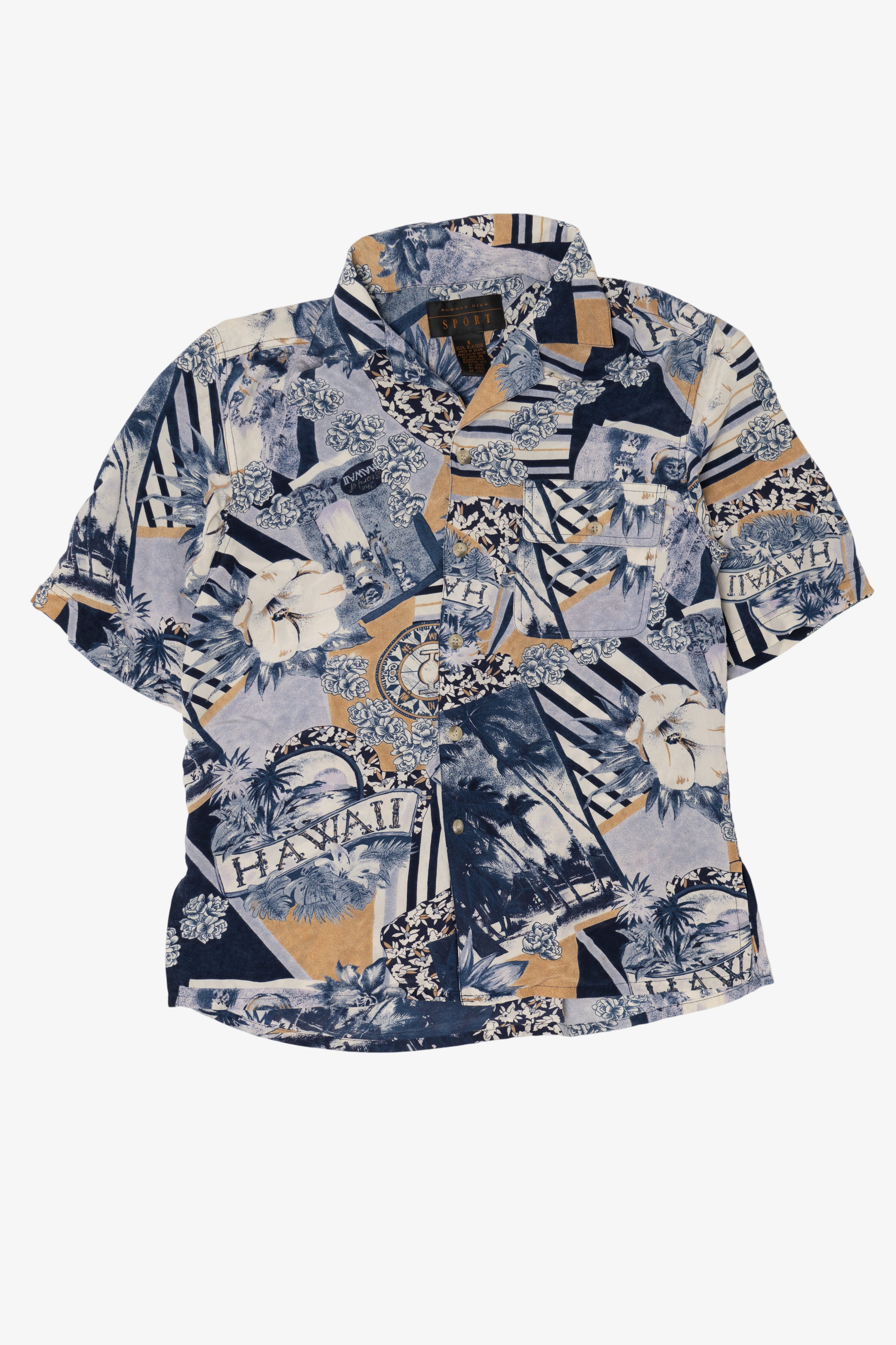 Vintage Navy Blue August Silk Sport Button Up Hawaiian Shirt (1990s)