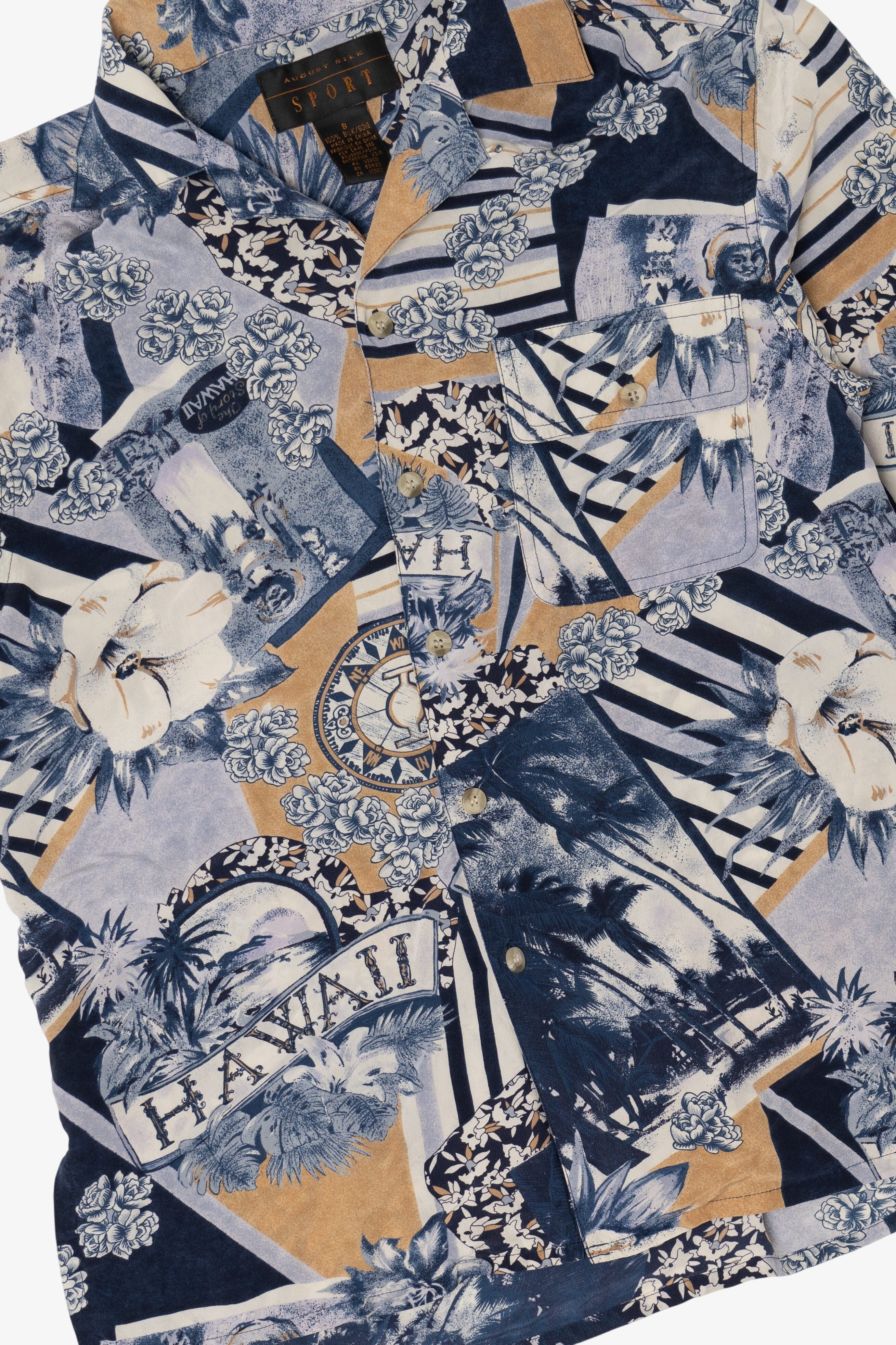 Vintage Navy Blue August Silk Sport Button Up Hawaiian Shirt (1990s)