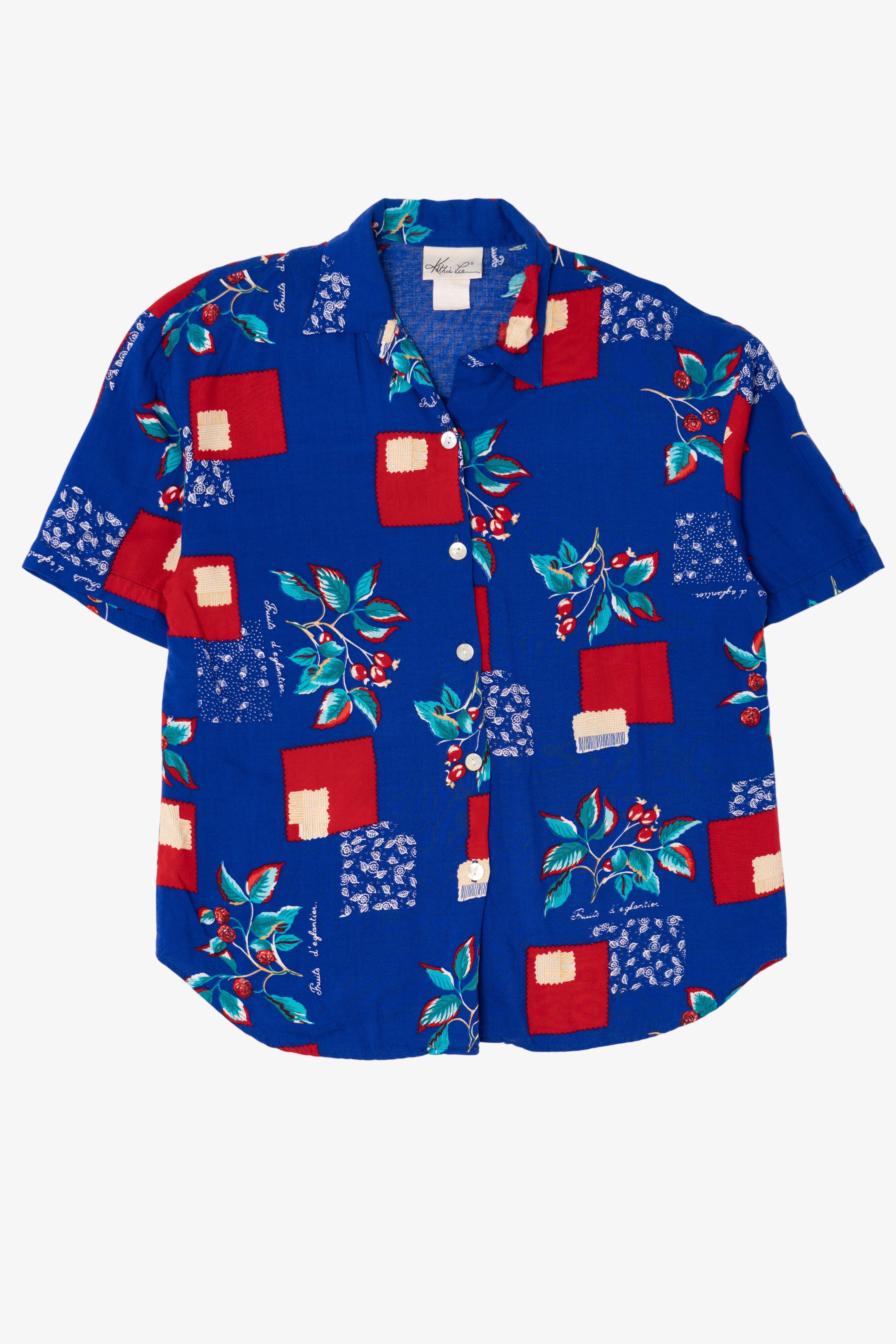 Vintage Blue Floral And Red Squares Pattern Kathie Lee Button Up Shirt (1990s)