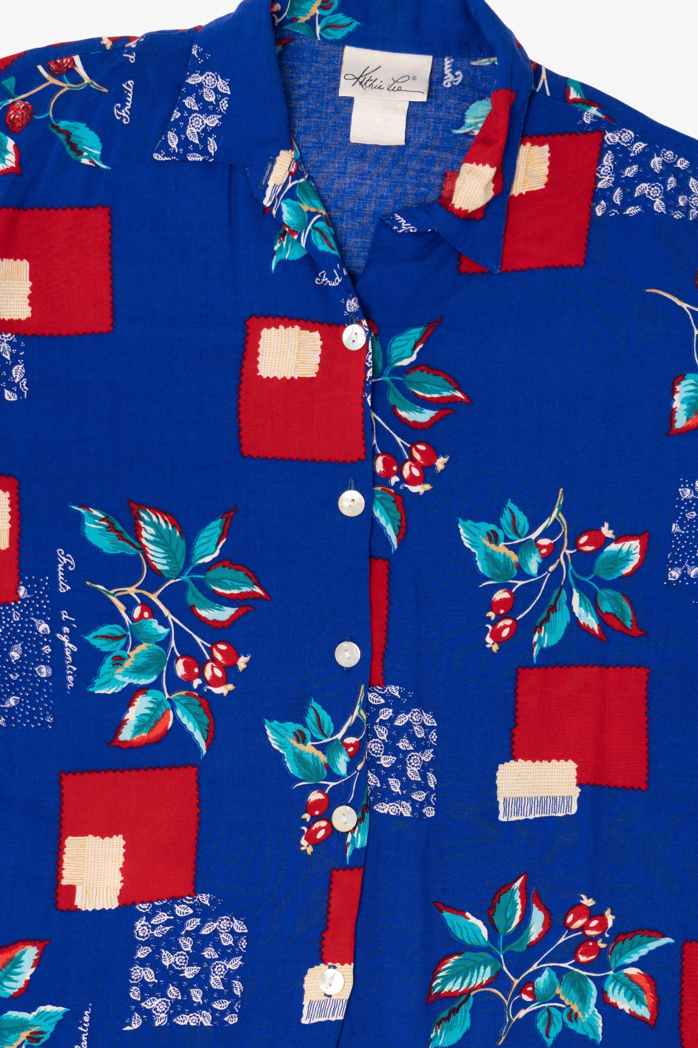 Vintage Blue Floral And Red Squares Pattern Kathie Lee Button Up Shirt (1990s)