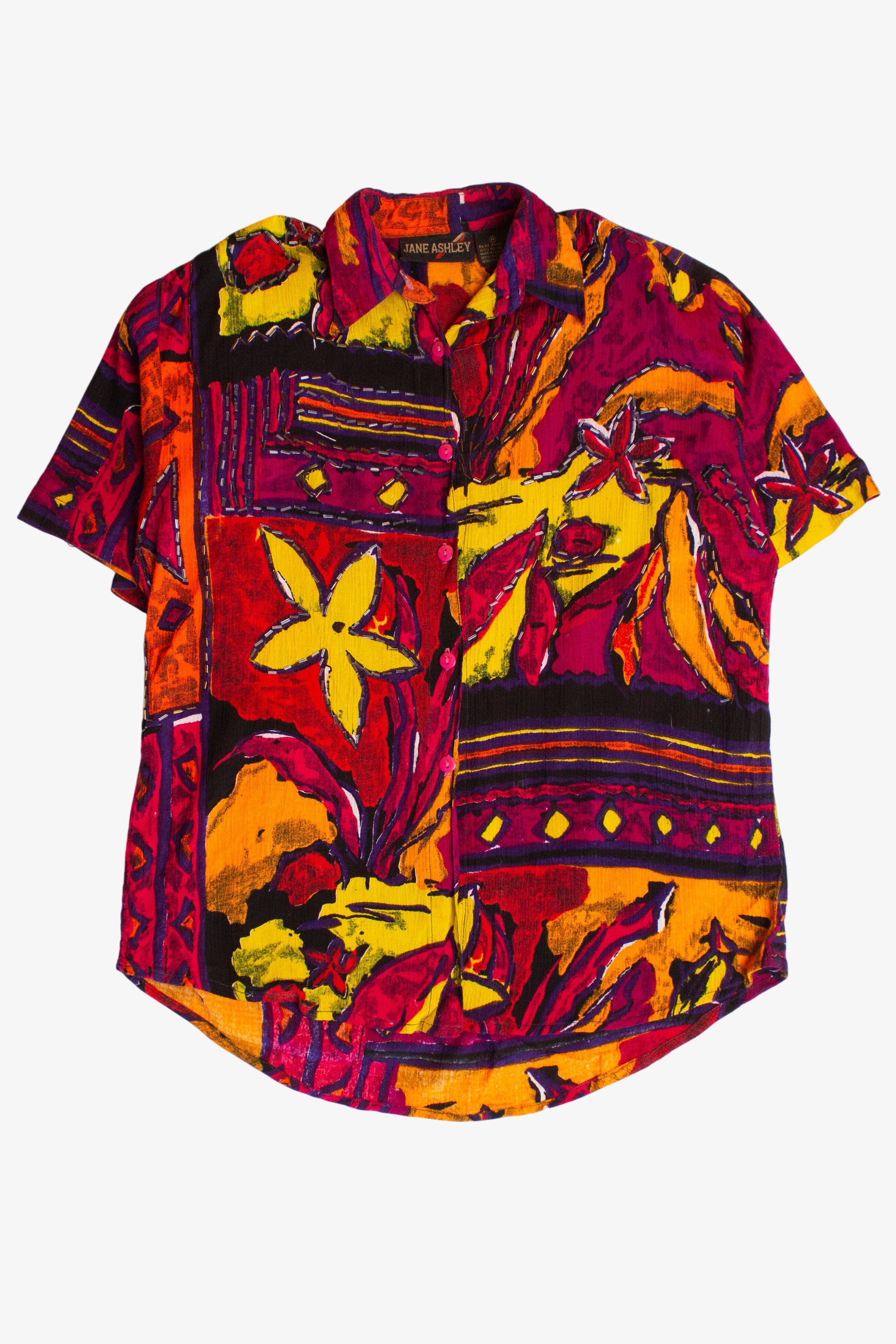 Vintage Beaded Watercolor Floral Button Up Shirt (1990s)