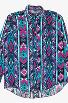Vintage Blue And Purple Aztec Southwestern Wrangler Cowboy Cut Button Up Shirt (1990s)