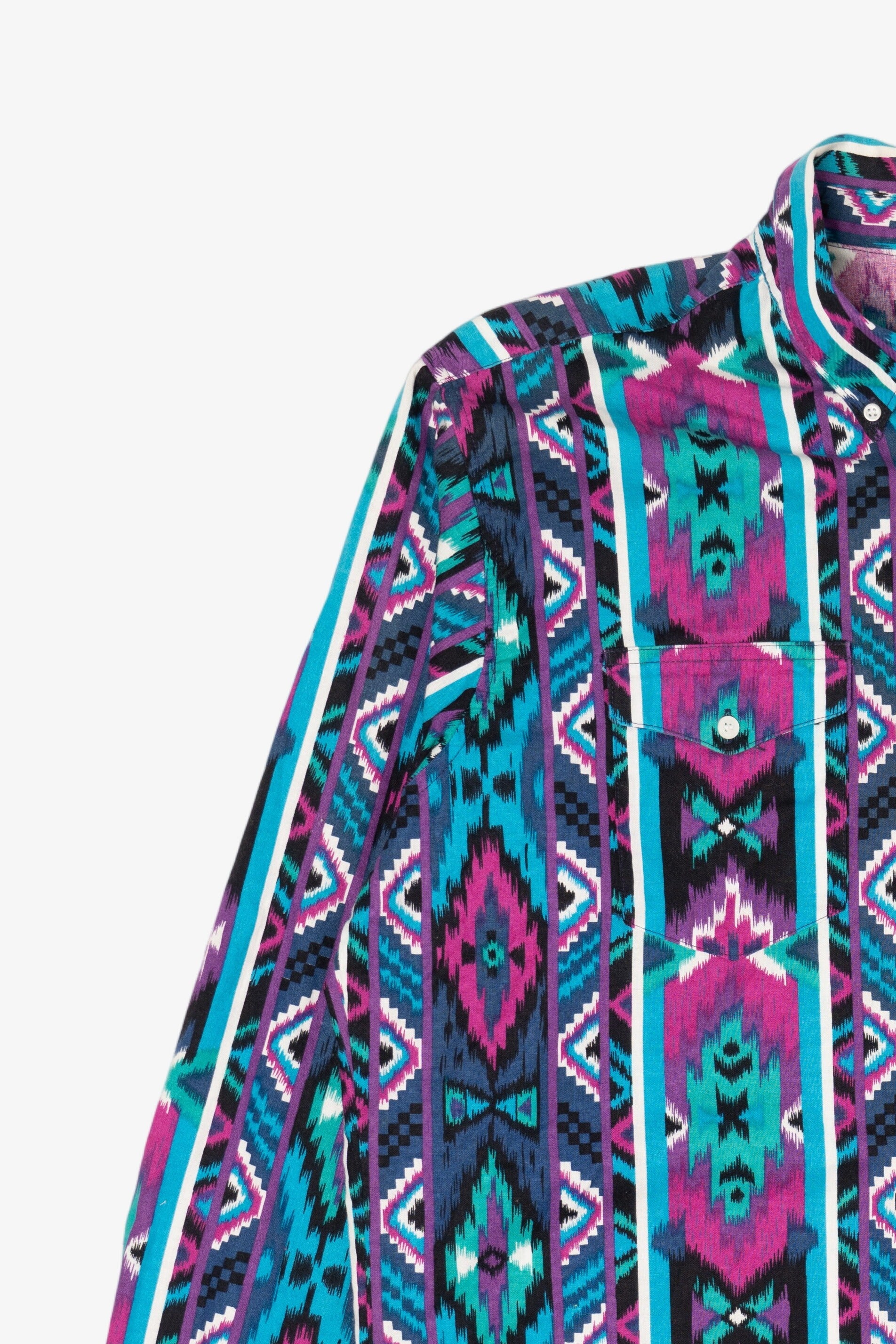 Vintage Blue And Purple Aztec Southwestern Wrangler Cowboy Cut Button Up Shirt (1990s)