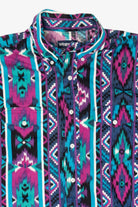 Vintage Blue And Purple Aztec Southwestern Wrangler Cowboy Cut Button Up Shirt (1990s)