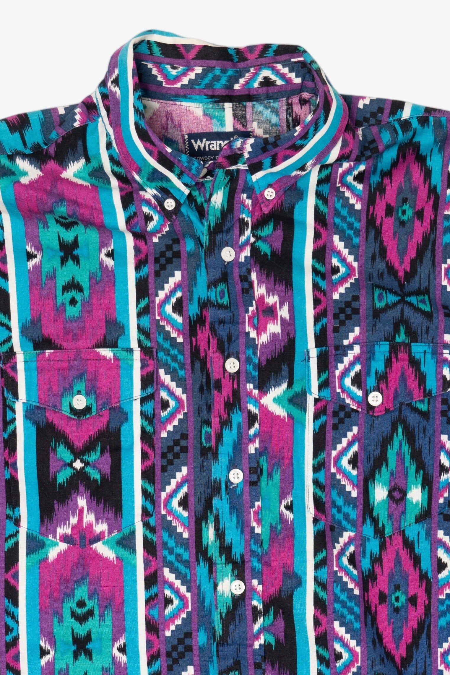 Vintage Blue And Purple Aztec Southwestern Wrangler Cowboy Cut Button Up Shirt (1990s)
