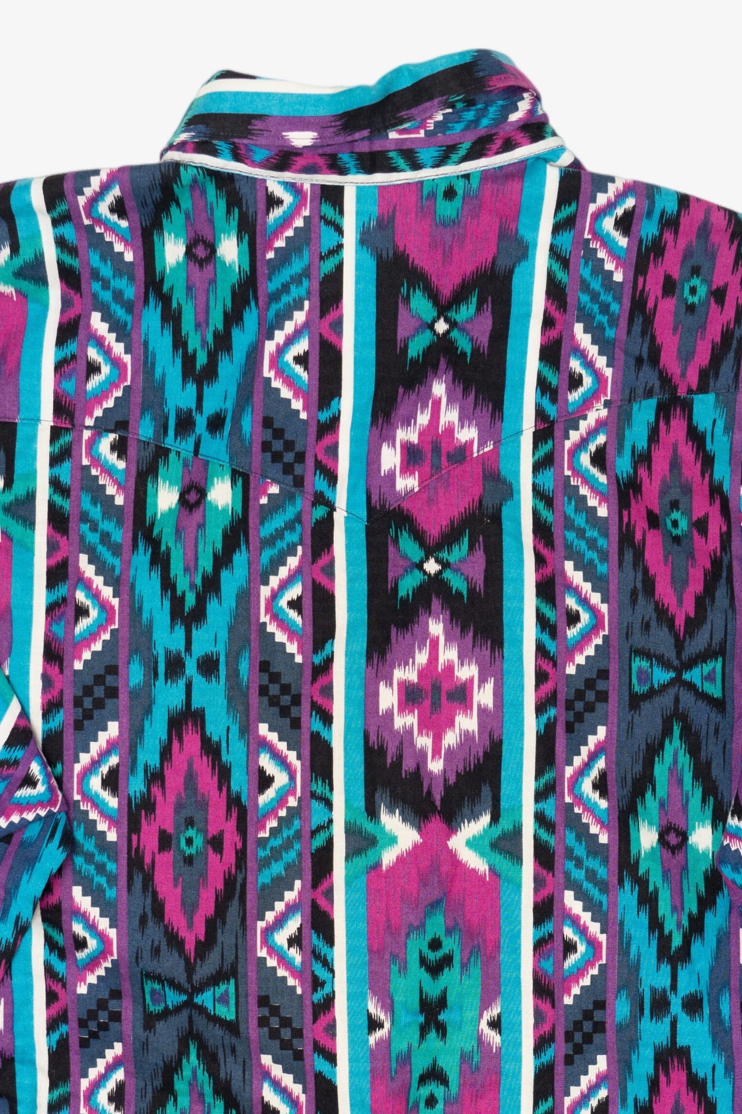 Vintage Blue And Purple Aztec Southwestern Wrangler Cowboy Cut Button Up Shirt (1990s)