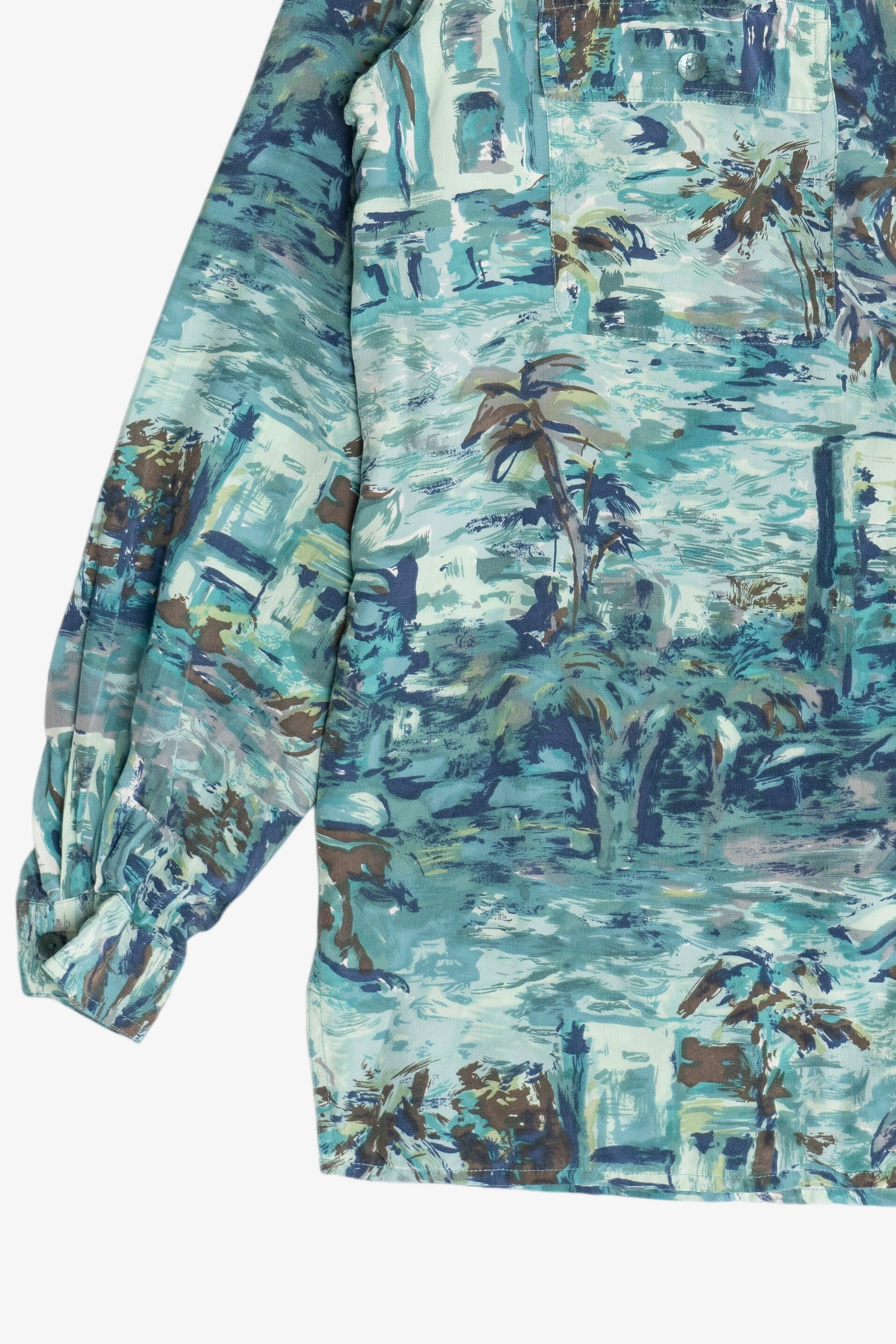Vintage 100% Silk Abstract Hawaiian Button Up With Loop Collar (1990s)
