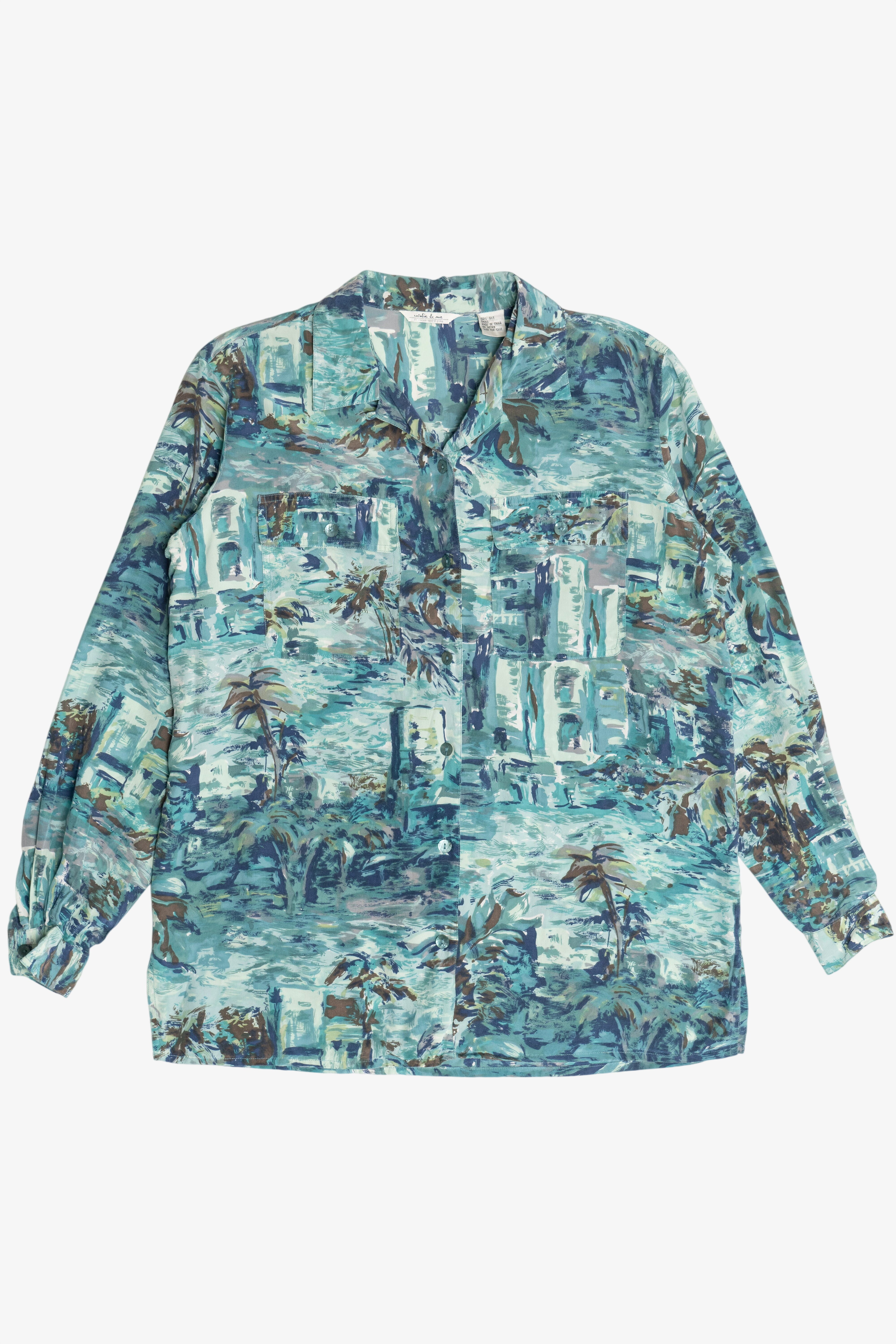 Vintage 100% Silk Abstract Hawaiian Button Up With Loop Collar (1990s)