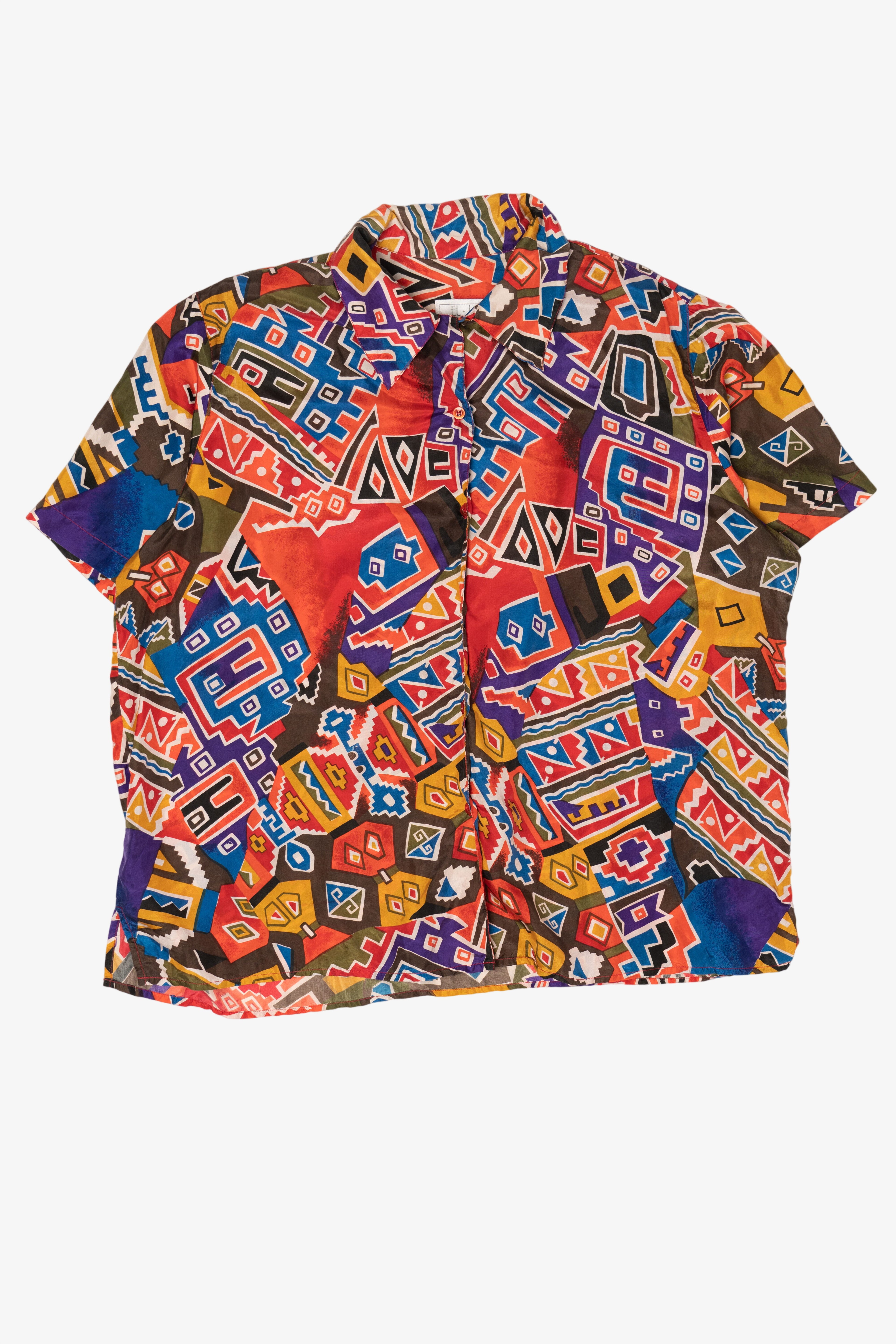 Vintage Orange-Red El-La Geometric Abstract Silk Button Up Shirt (1990s)