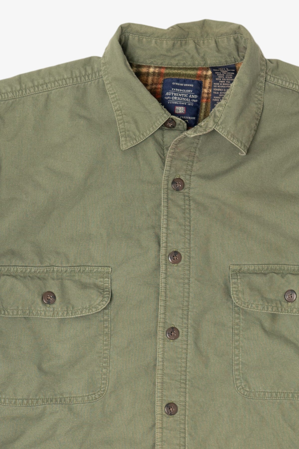 Vintage Green Faded Glory Plaid Lined Flannel Shirt (1990s)