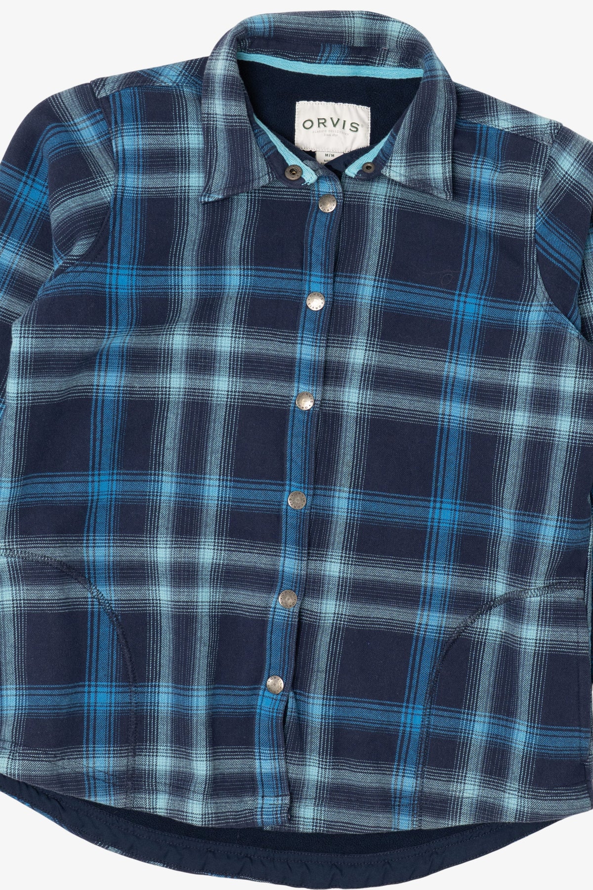 Navy Blue Plaid Fleece Lined Orvis Button Up Flannel (2010s)