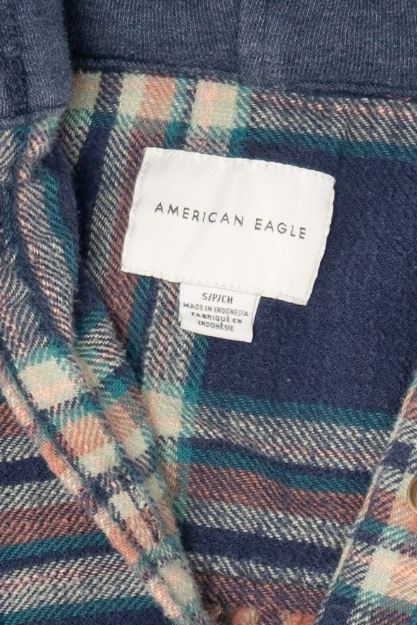 Navy Blue Plaid American Eagle Hooded Button Up Shirt (2020s)