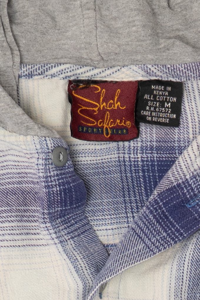Vintage Blue Plaid Shah Safari Hooded Button Up Shirt (1990s)