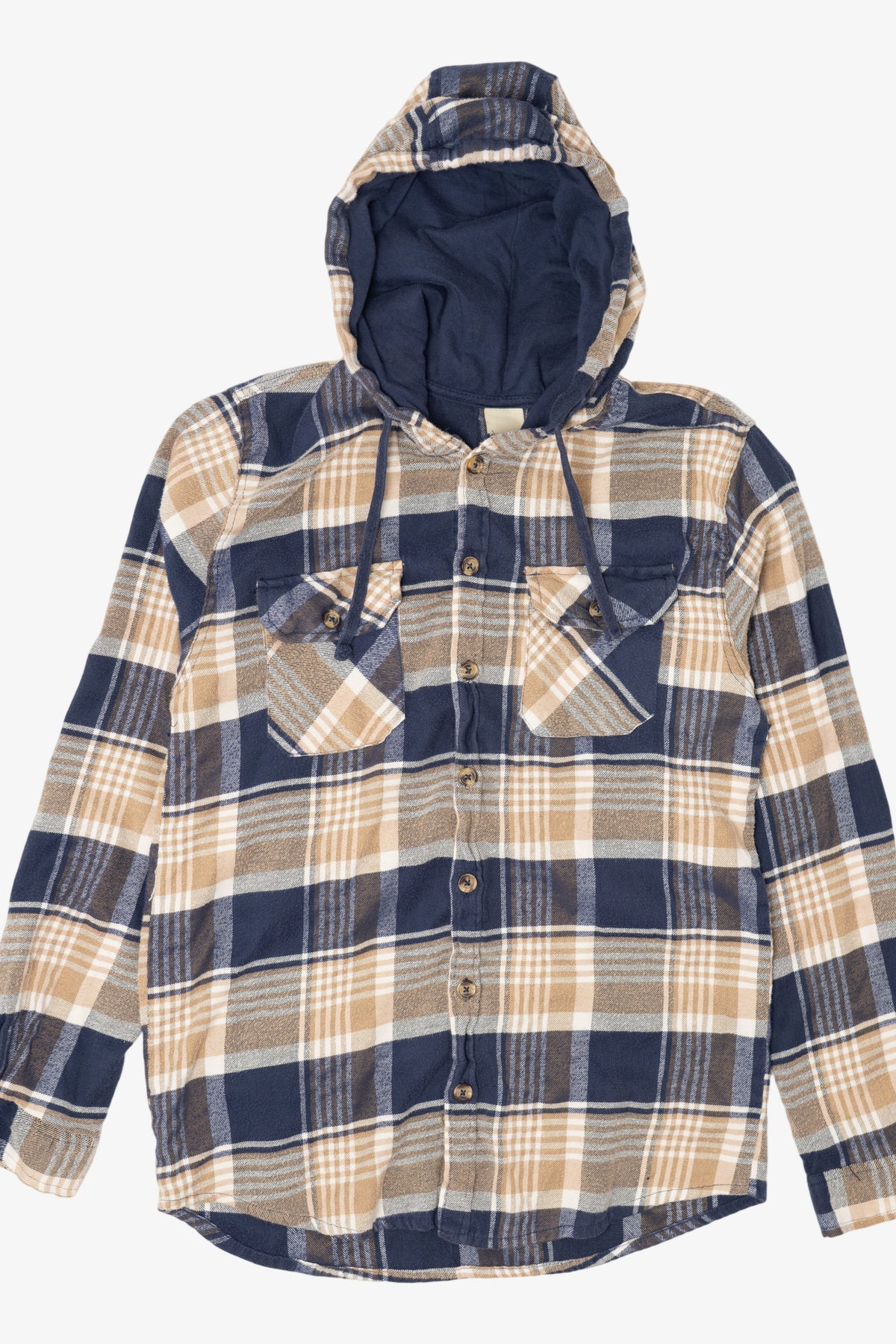 Vintage Navy Blue Plaid Open Trails Hooded Button Up Shirt (1990s)