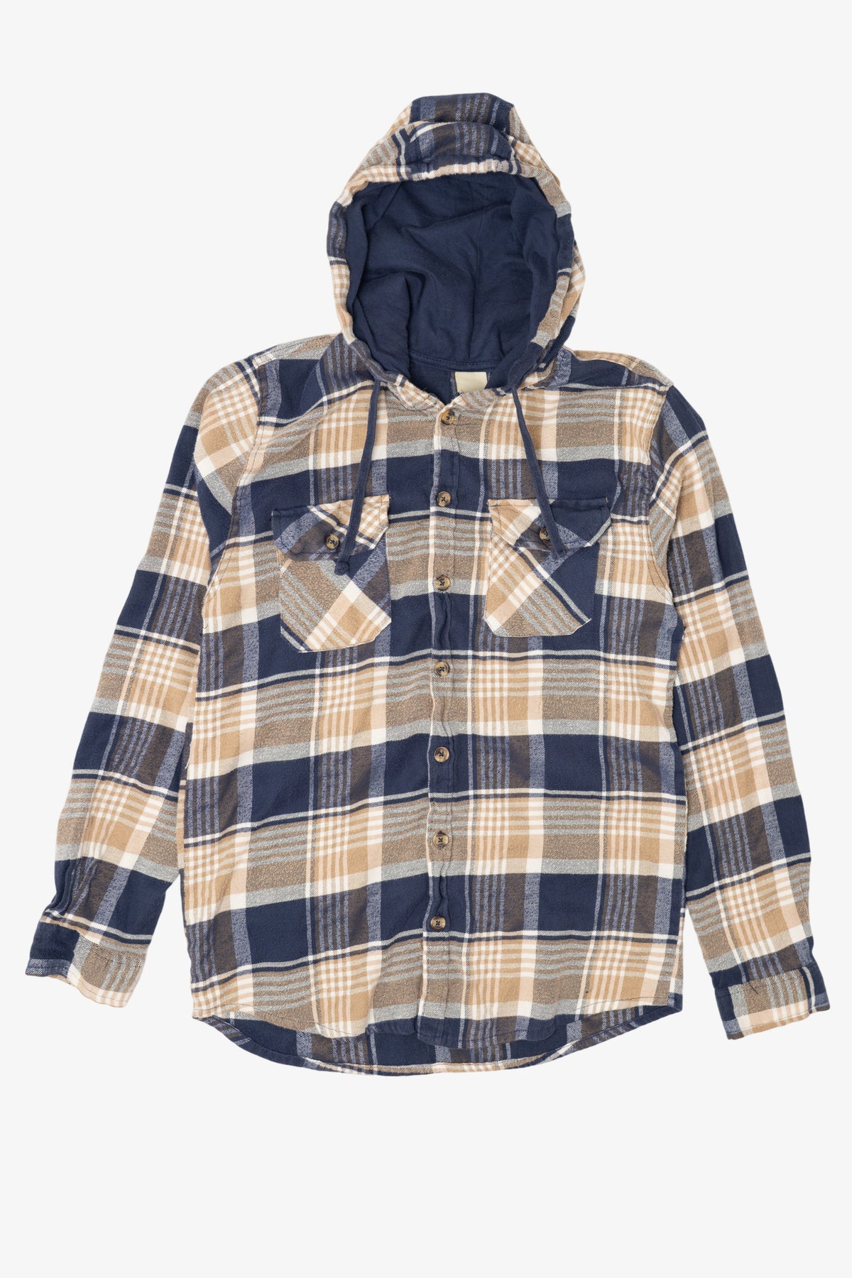 Vintage Navy Blue Plaid Open Trails Hooded Button Up Shirt (1990s)
