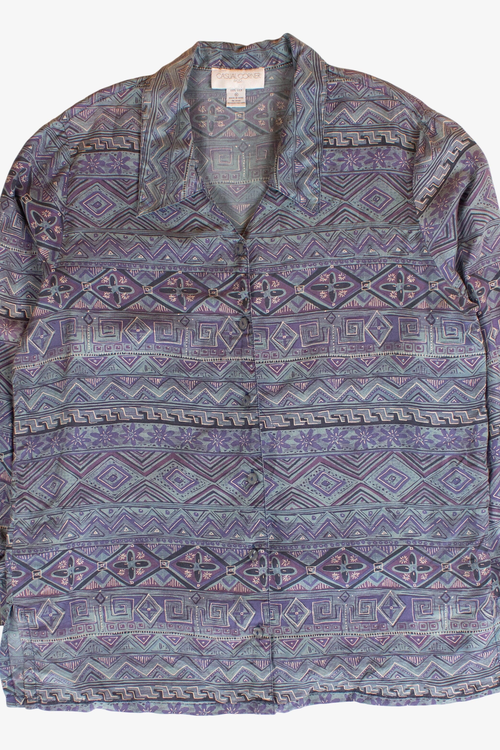 Vintage Blue Abstract Silk Button Up Shirt (1990s)